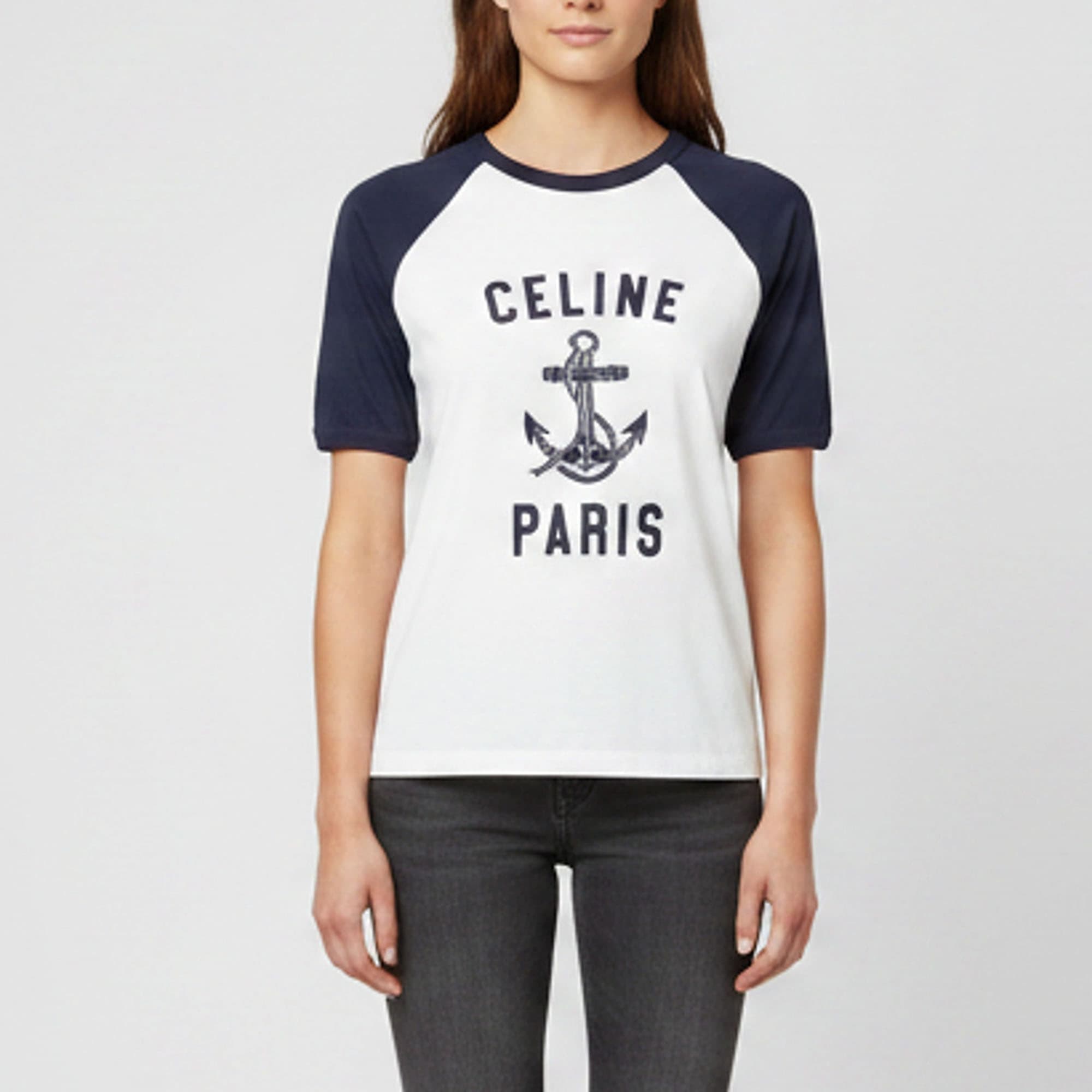 Celine White/Navy Logo Print Jersey Raglan Sleeves Anchor T-Shirt S
