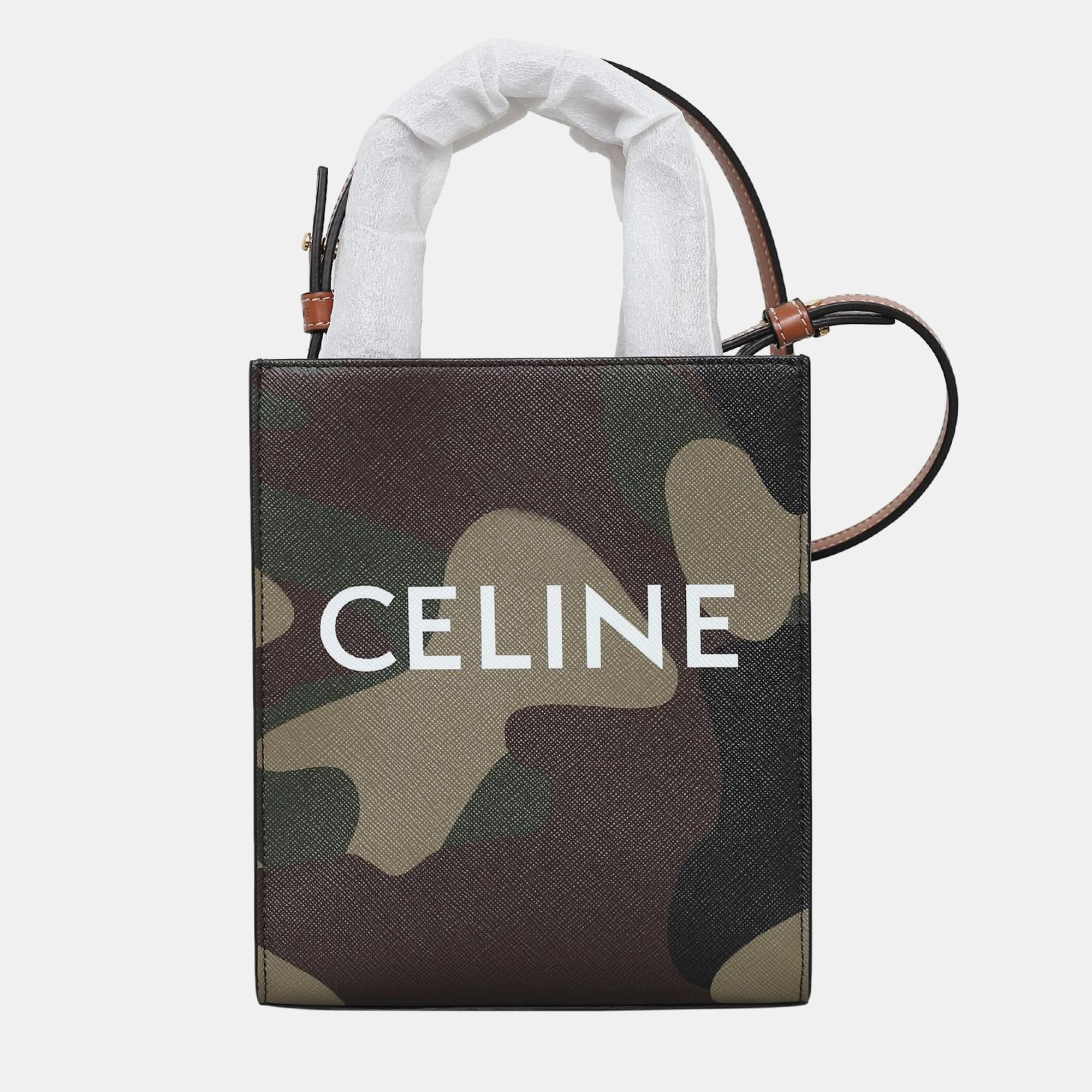 Celine Mini Vertical Cabas Khaki Camouflage Coated Canvas Calfskin Top Handle Bag