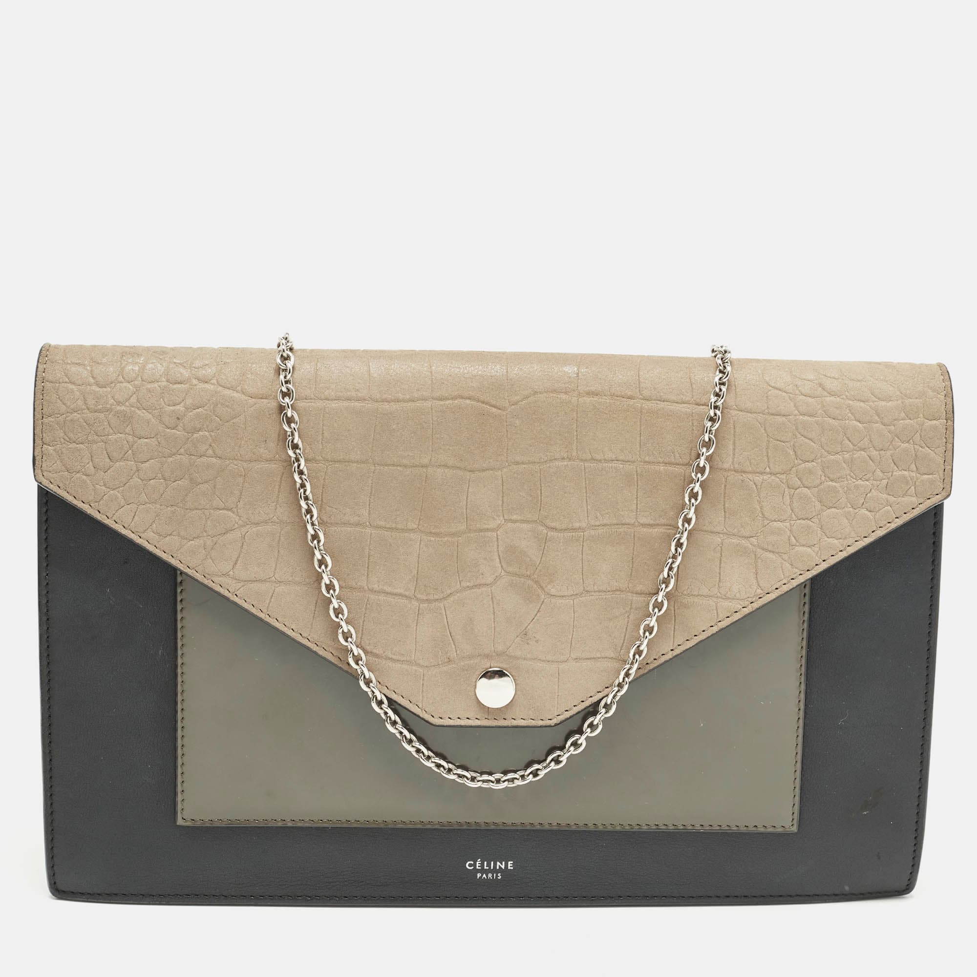 Celine Pocket Envelope Tricolor Croc Embossed Suede and Leather Chain Clutch