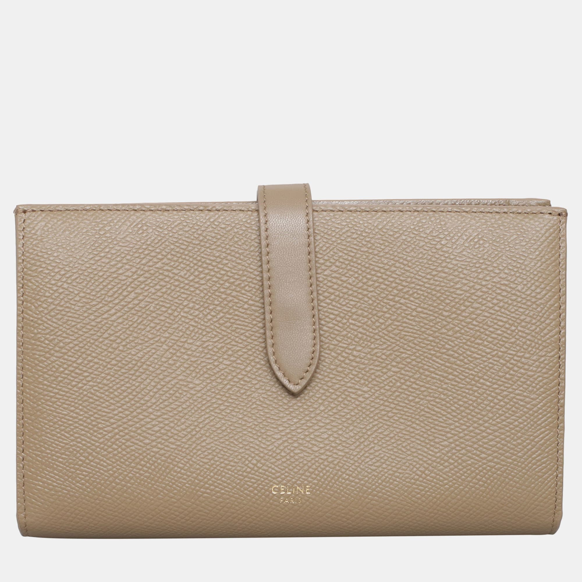 Celine Large Strap Wallet Beige Grained Calfskin Leather Wallet Bag