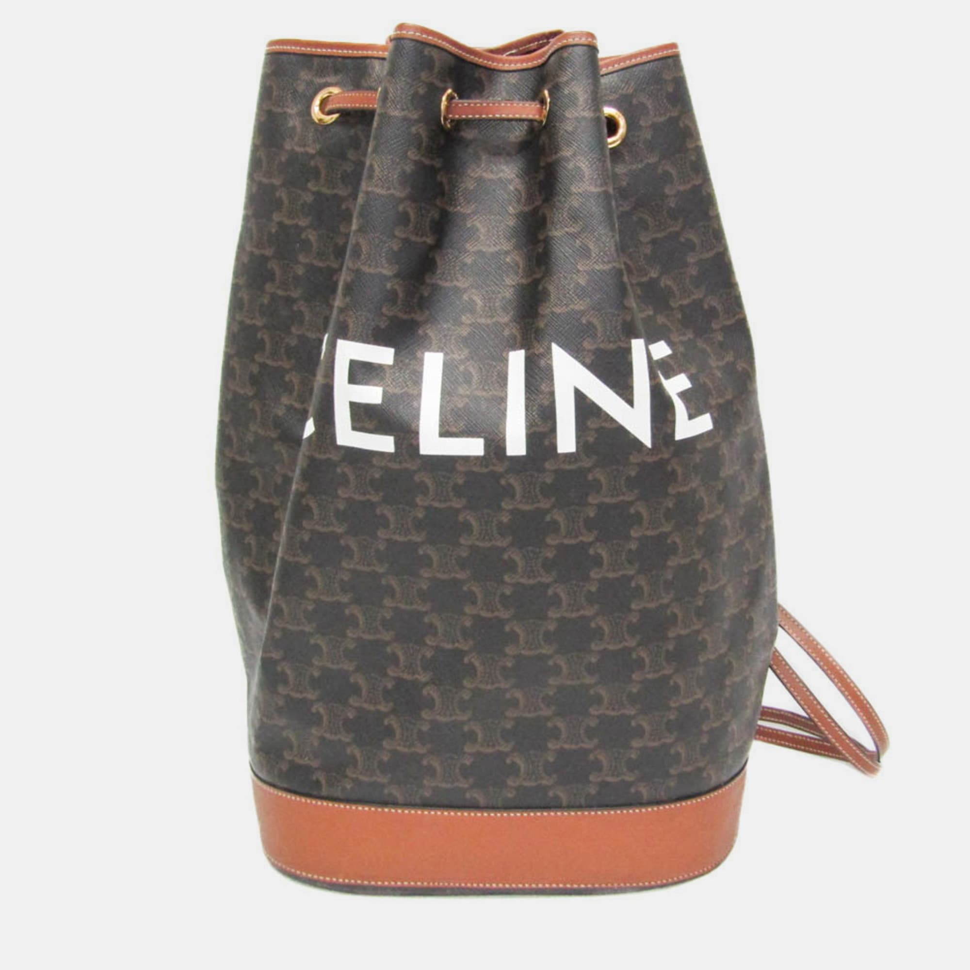 Celine Triomphe Medium Brown Coated Canvas Calfskin Leather Shoulder Bag