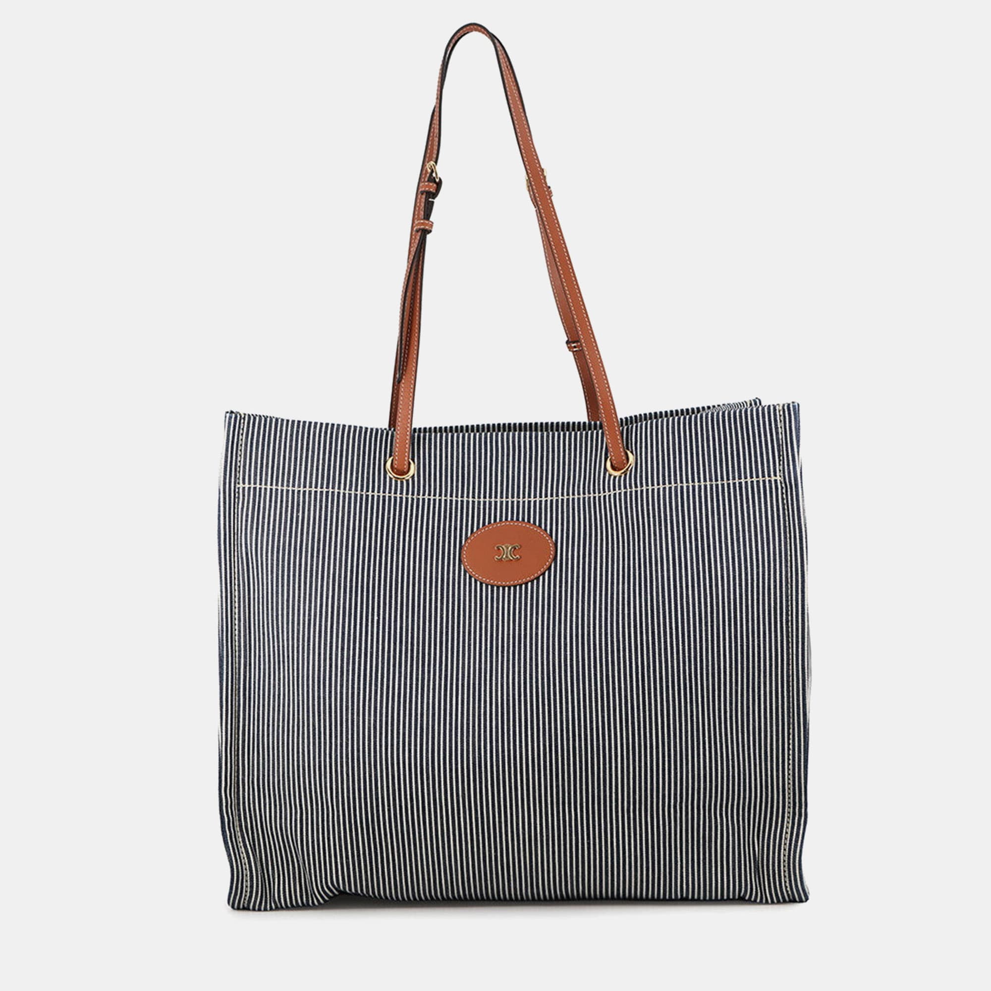 Celine Square Cabas Stripe Navy Blue Tan Canvas Calfskin Leather Tote Bag
