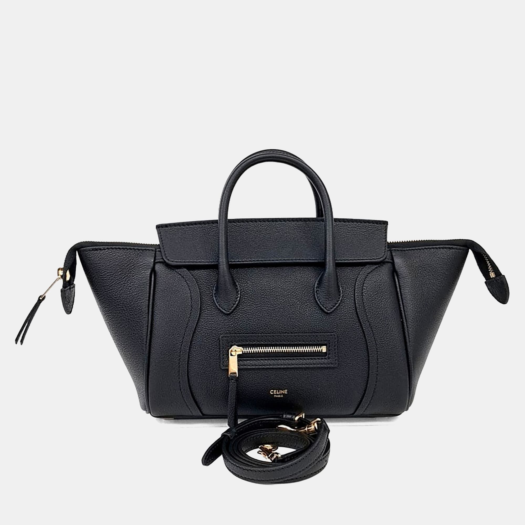 Celine Small New Luggage Black Grained Leather Top Handle Bag