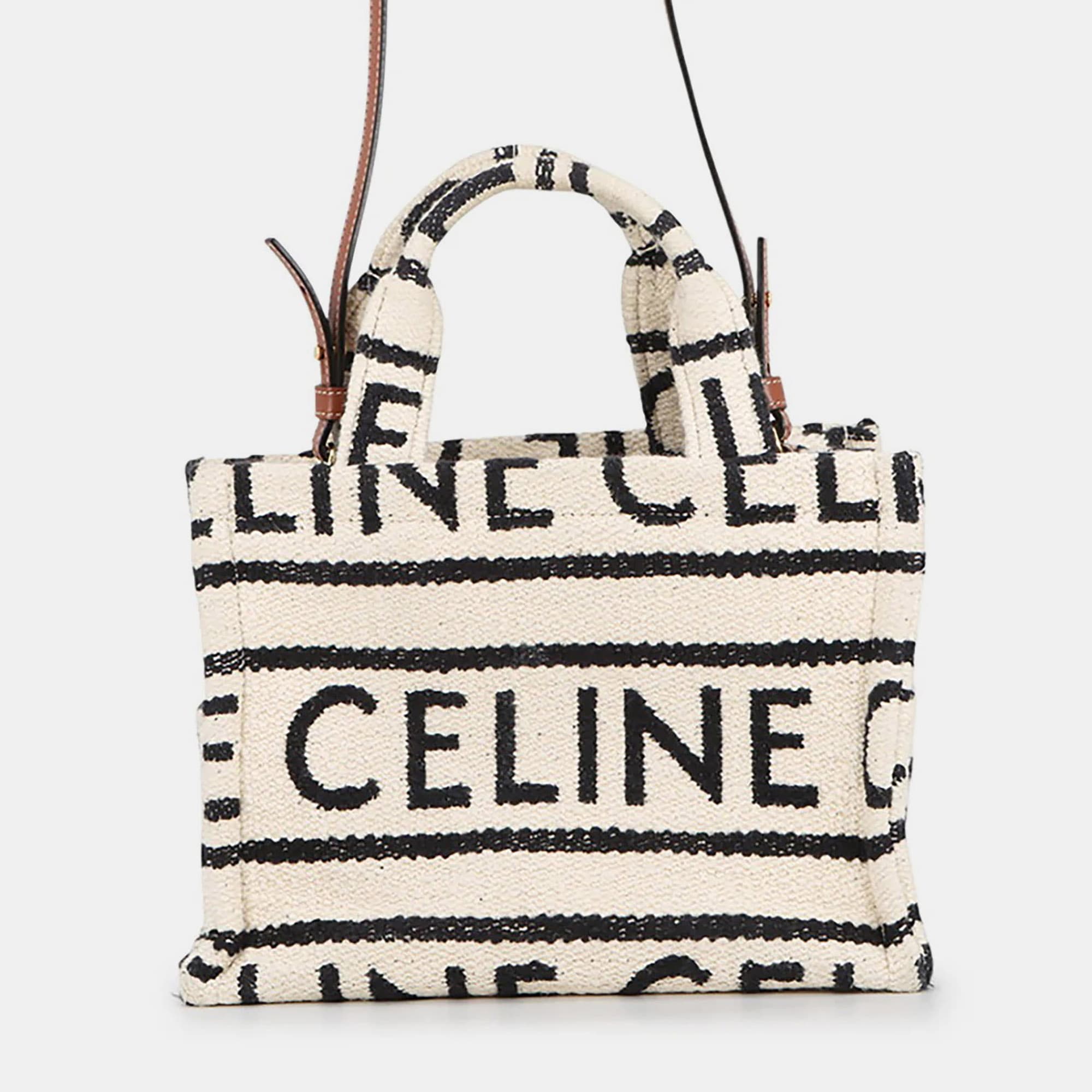 Celine Cabas Thais Small White Black Cotton Leather Top Handle Bag