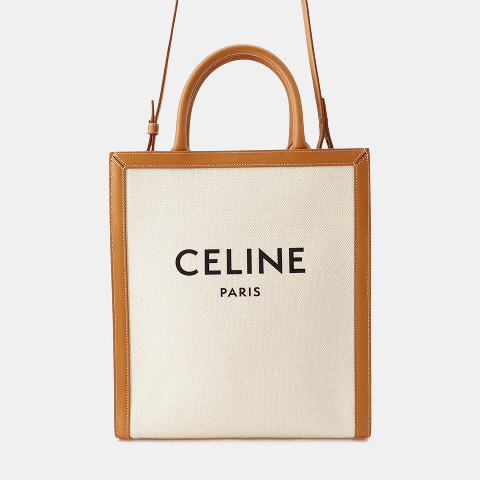 Celine Vertical Cabas Small Beige Brown Canvas Leather Top Handle Bag