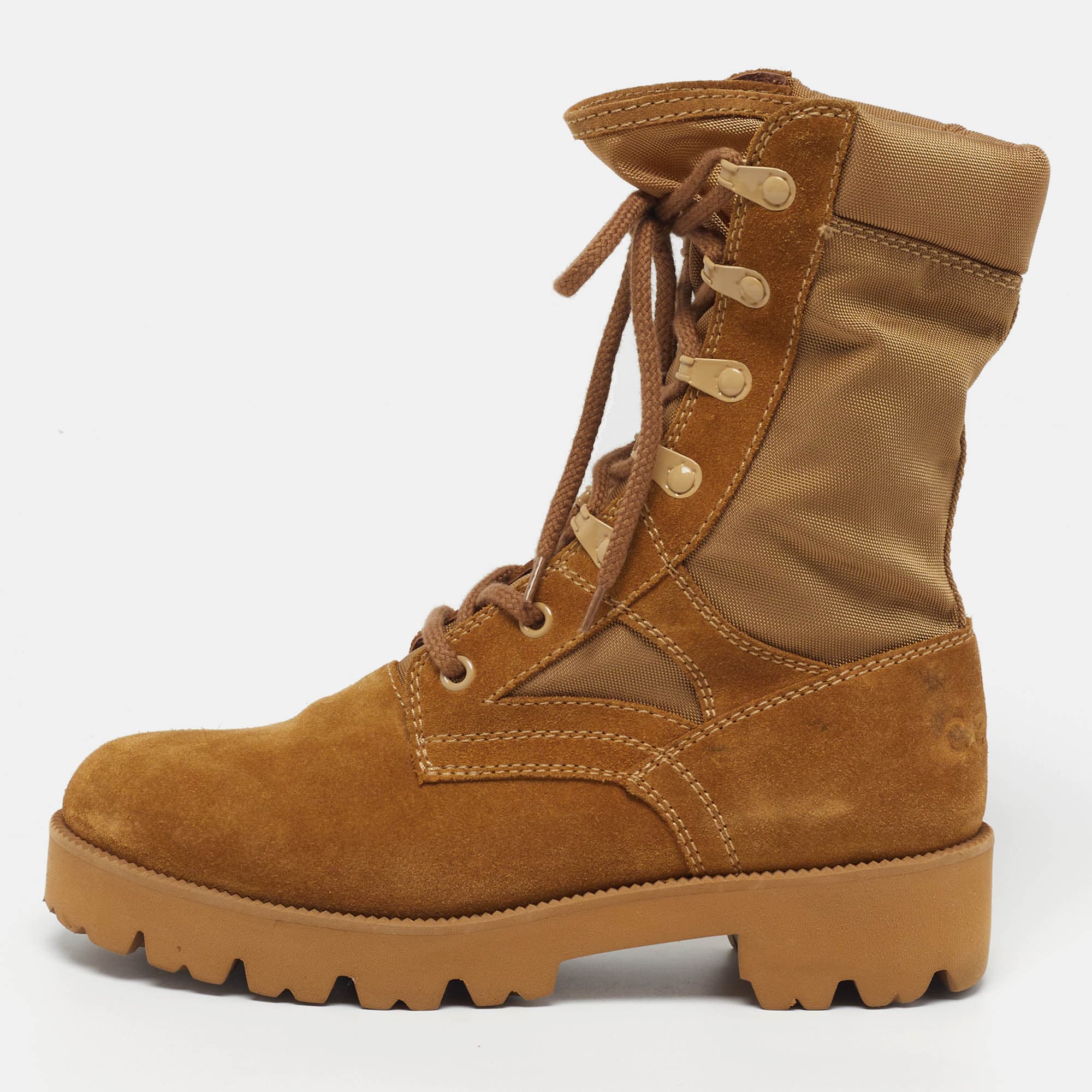 Celine Size 39 Brown/Beige Mesh and Suede Duty Combat Boots