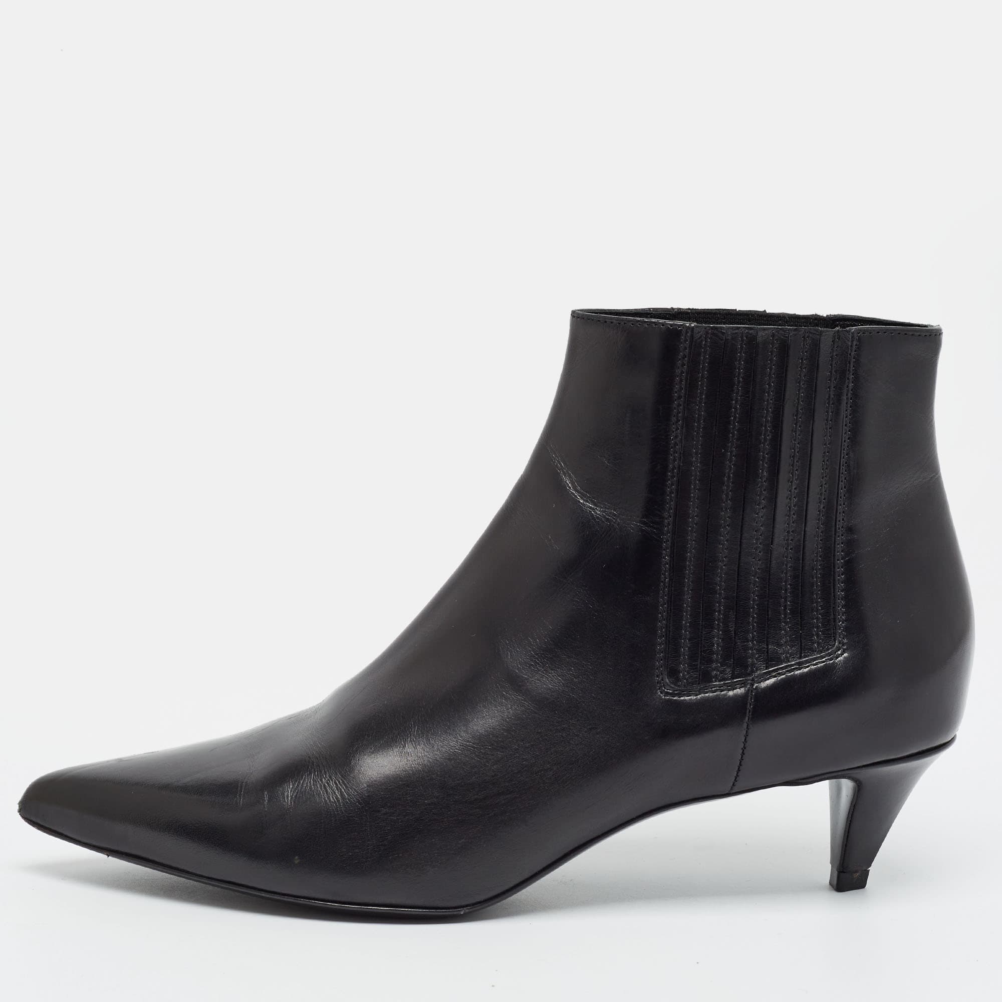 Celine Size 39.5 Black Leather Pointed Toe Ankle Length Boots