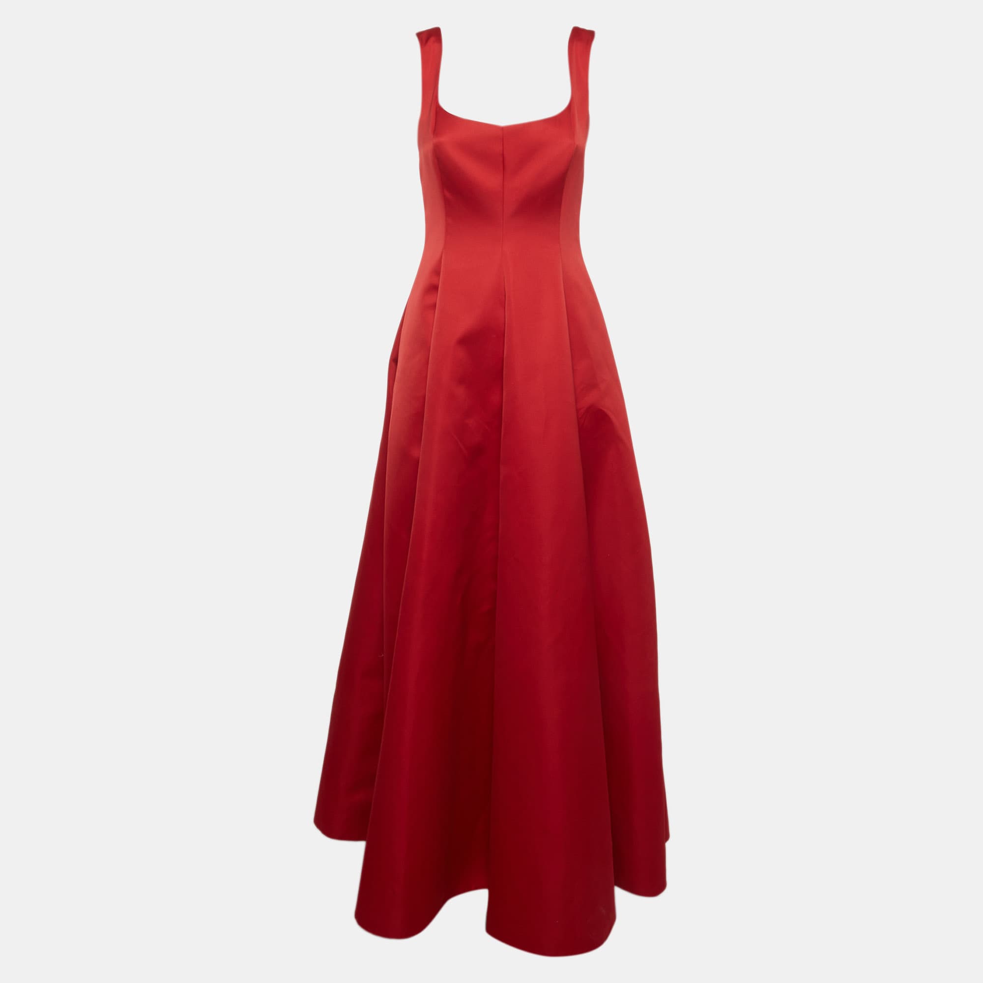 CH Carolina Herrera Red Satin Flared Maxi Dress S