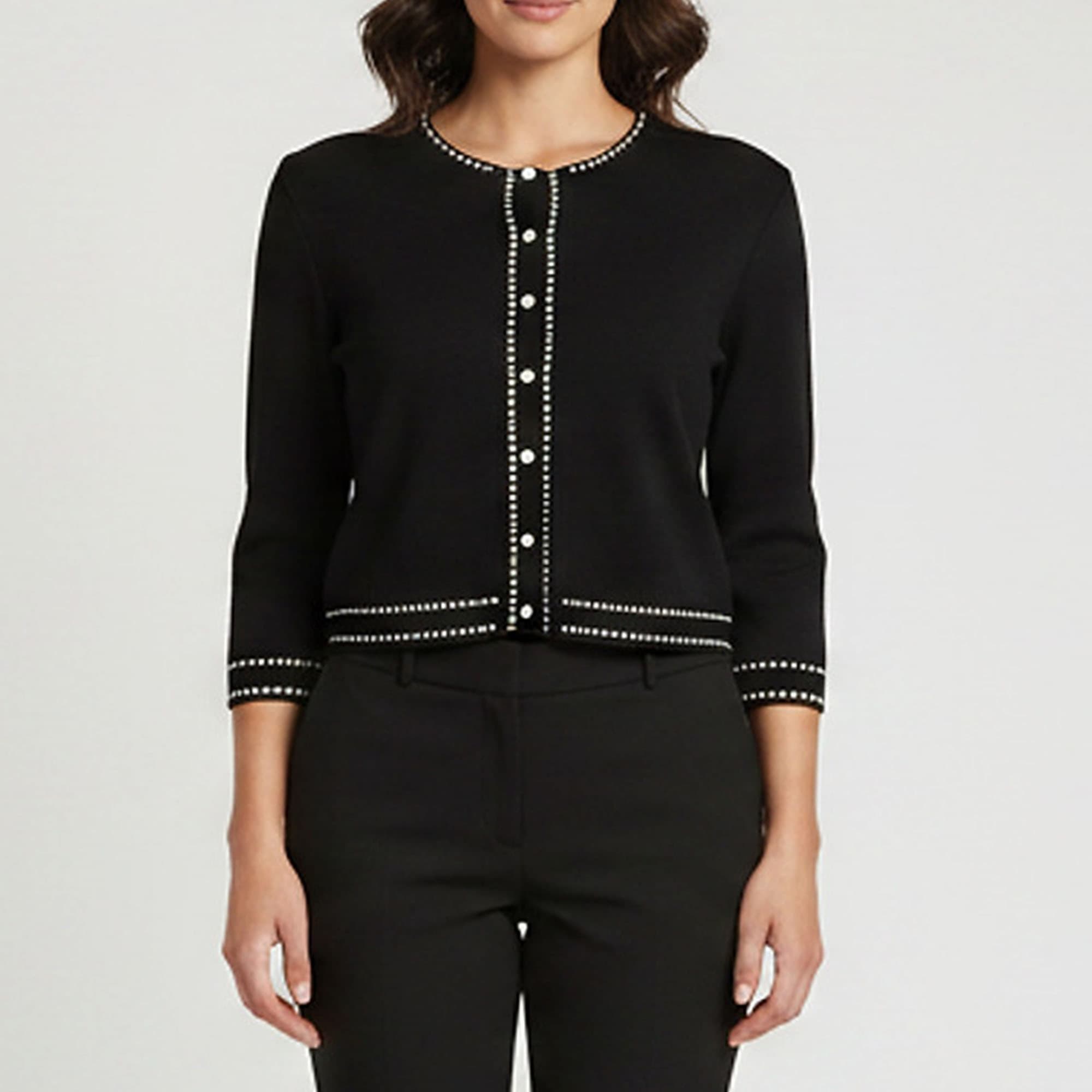 CH Carolina Herrera Black Contrast Border Knit Cropped Cardigan M