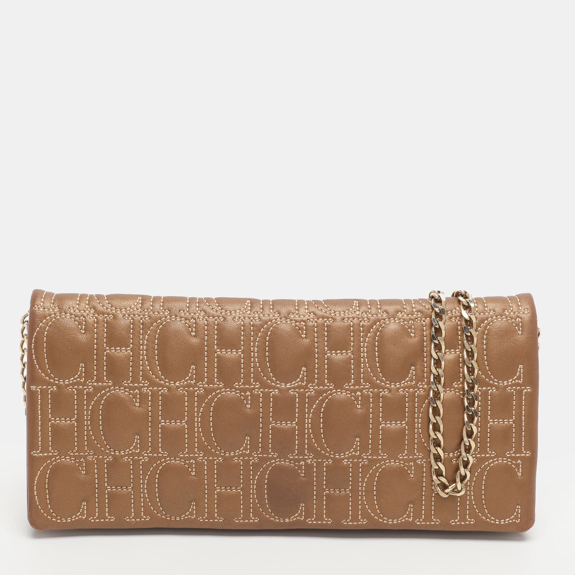 CH Carolina Herrera Metallic Brown Monogram Leather Chain Clutch