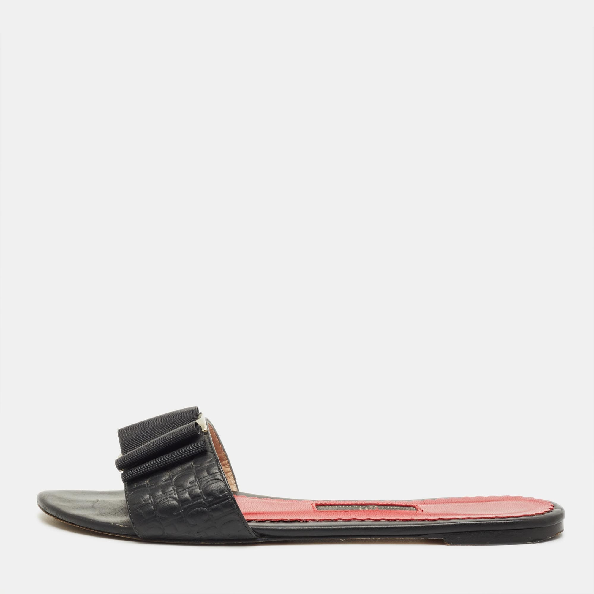 CH Carolina Herrera Black Leather Bow Flat Slides Size 36
