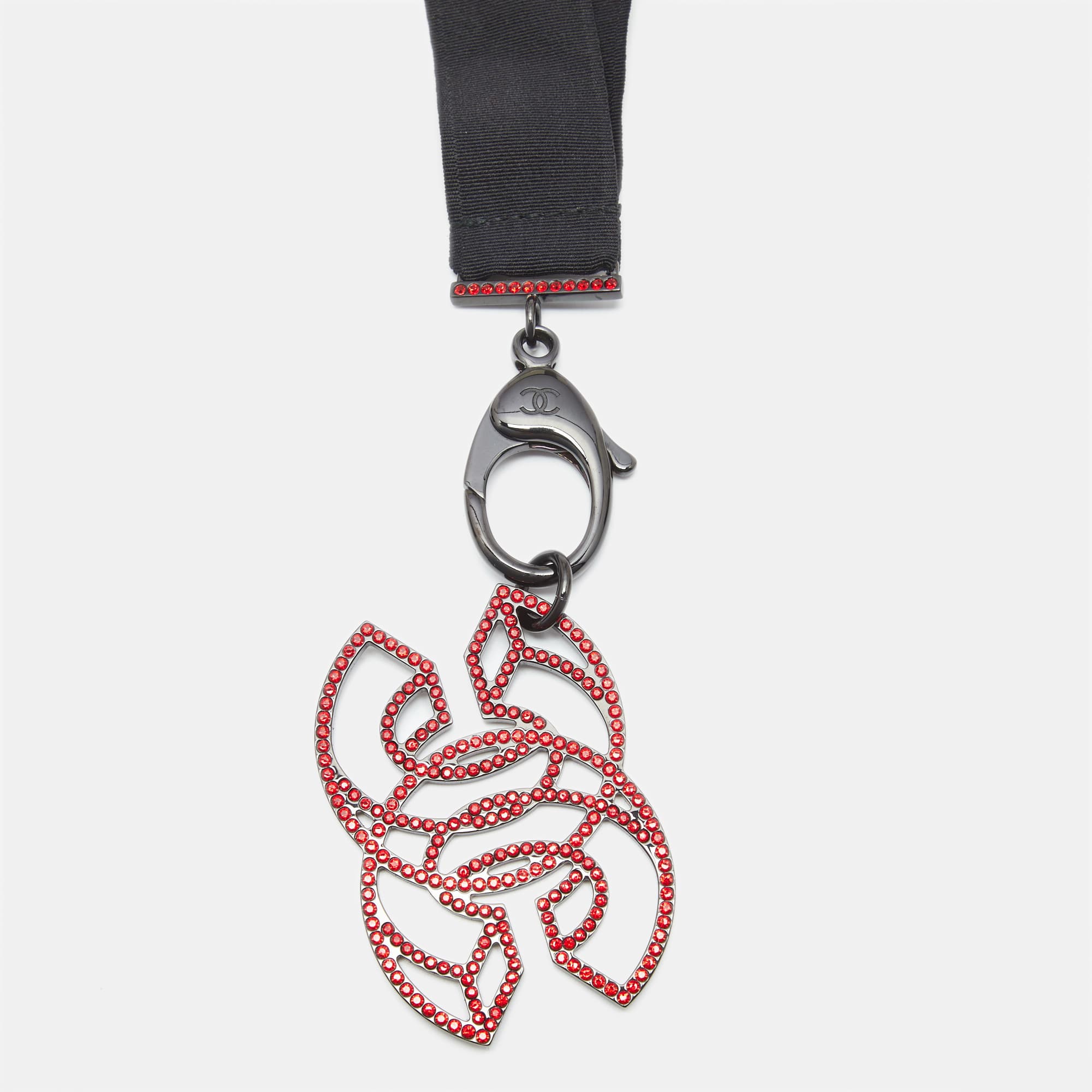 Chanel CC Crystal Embellished Black Ribbon Pendant Necklace