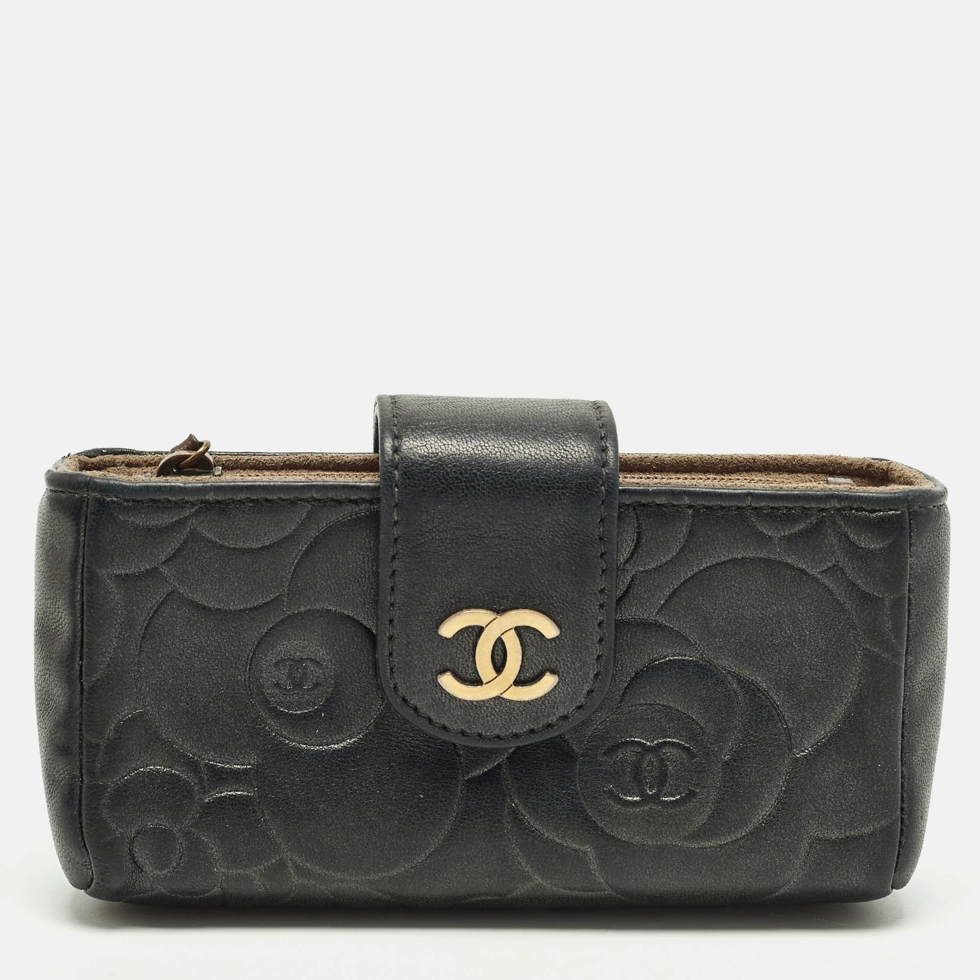 Chanel O-Phone Holder Black Camellia Embossed Leather