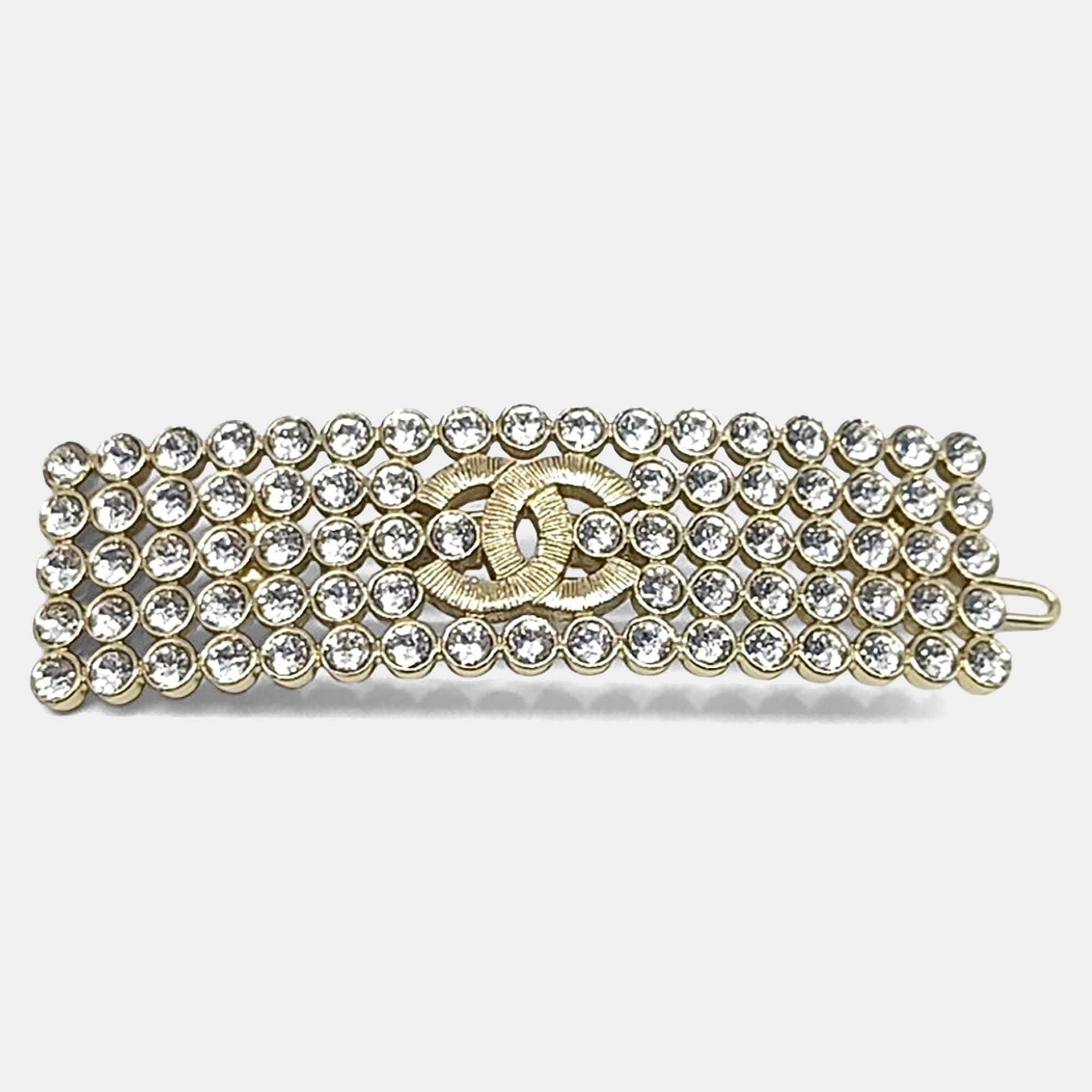 Chanel Gold Tone Metal and Crystals CC Hairpin