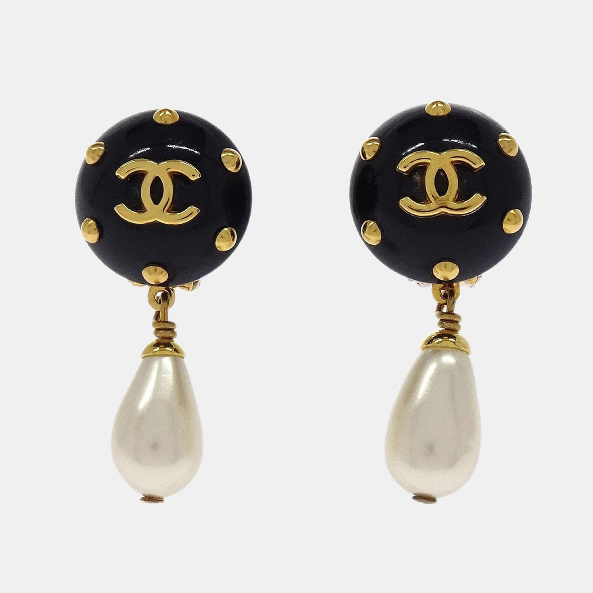 Chanel Artificial Pearl Dangle Earrings Clip-On Black White