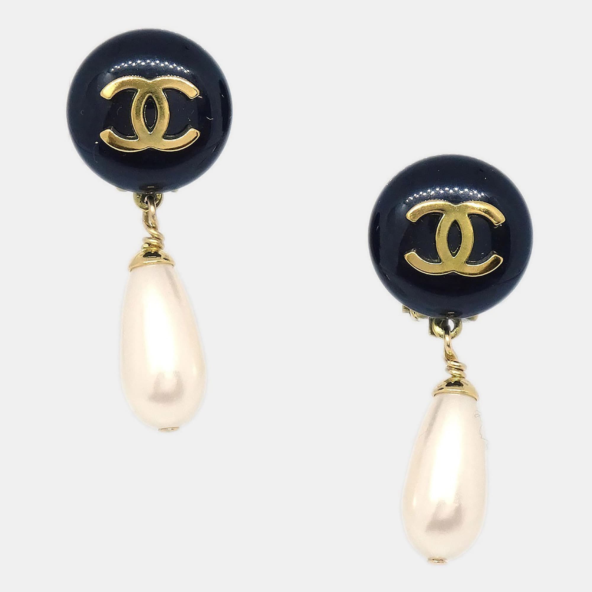 Chanel Gold Artificial Pearl Dangle Clip-On Earrings