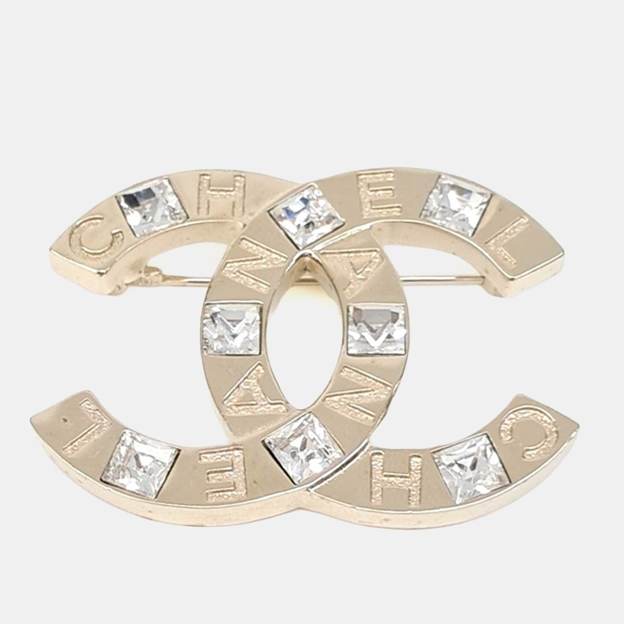 Chanel CC Logo Gold Crystal Brooch