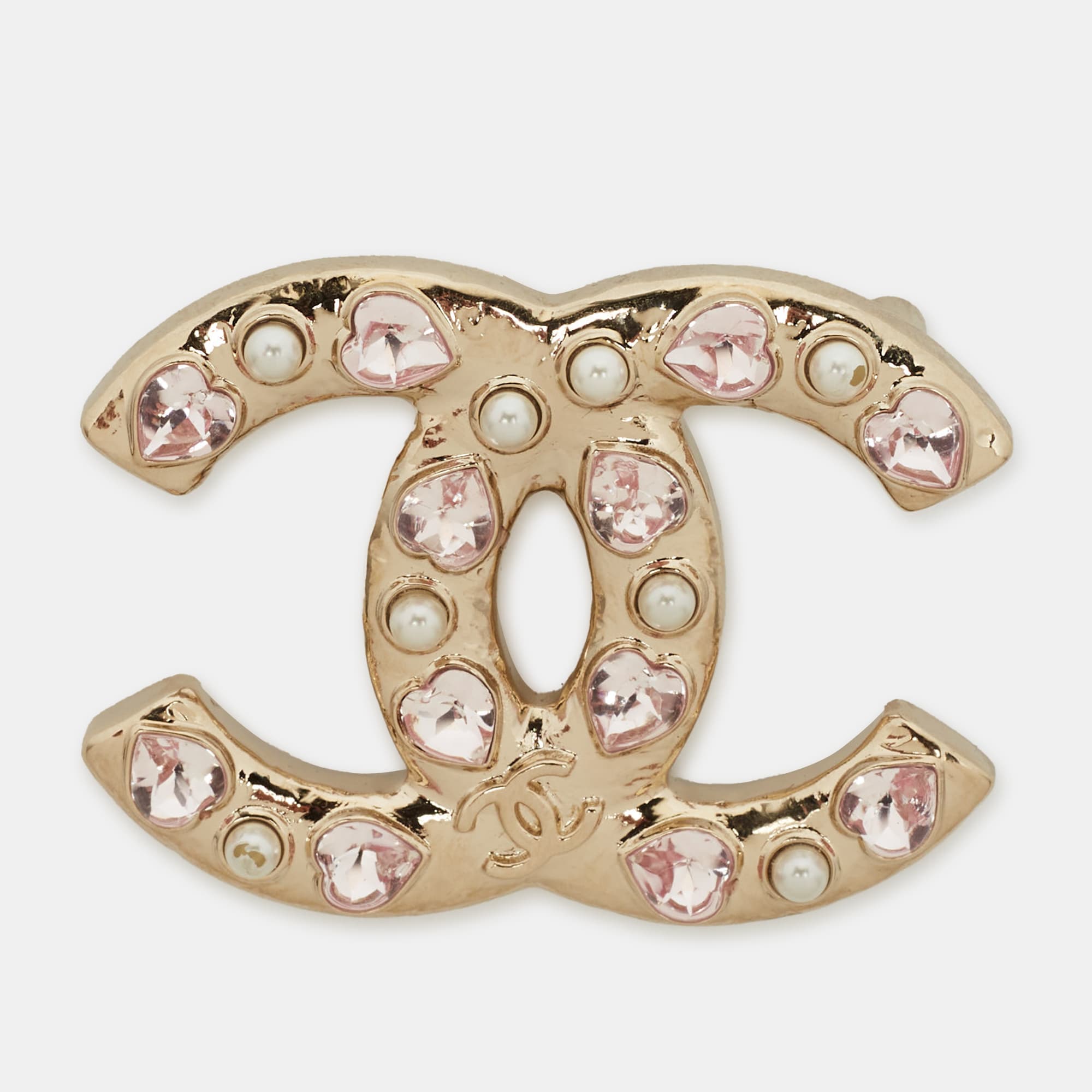 Chanel CC Crystals Faux Pearl Gold Tone Brooch