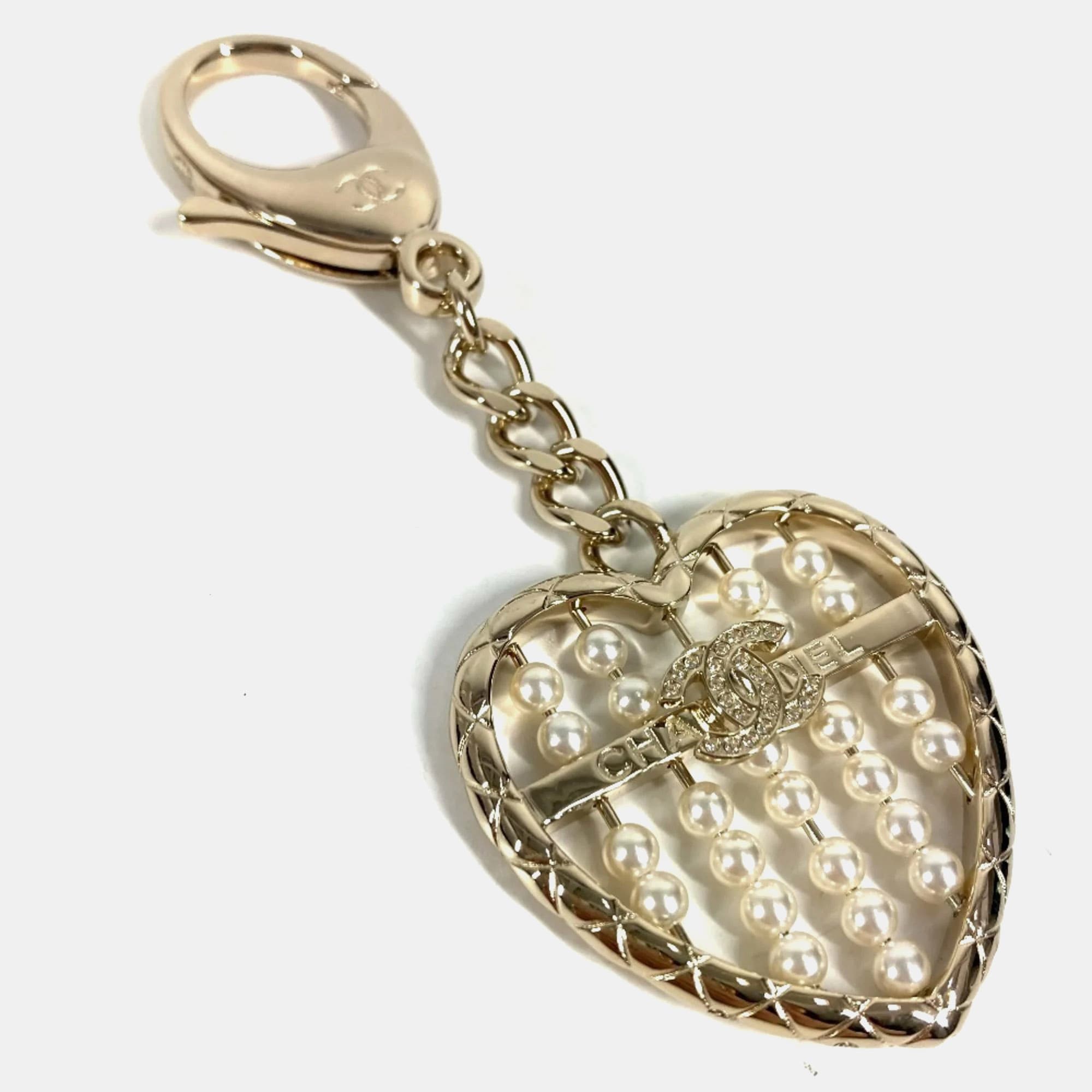 Chanel Heart CC Coco Mark Logo Faux Pearl Rhinestone Metal Chain Bag Charm Keychain Gold