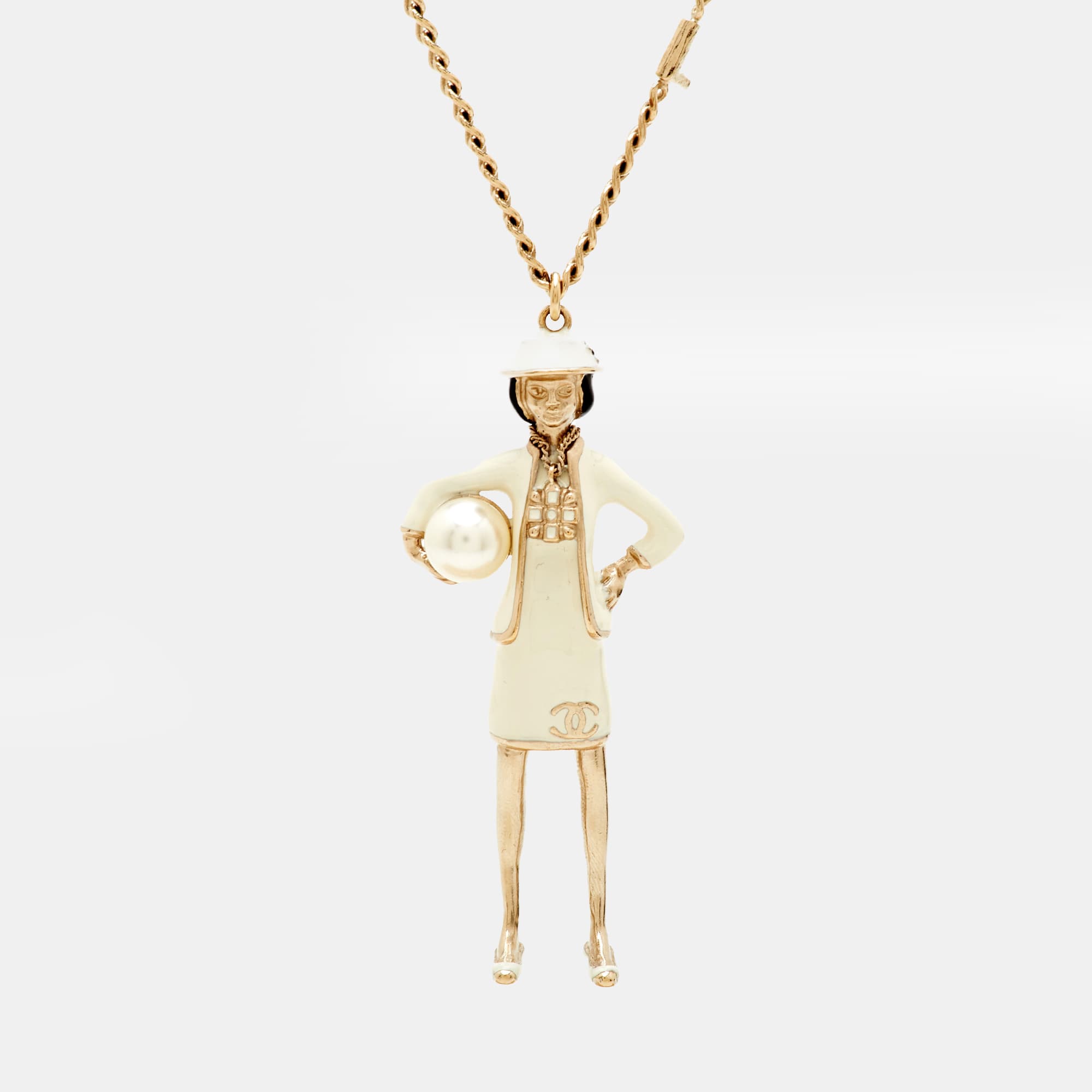 Chanel CC Lady Enamel Faux Pearl Gold Tone Necklace