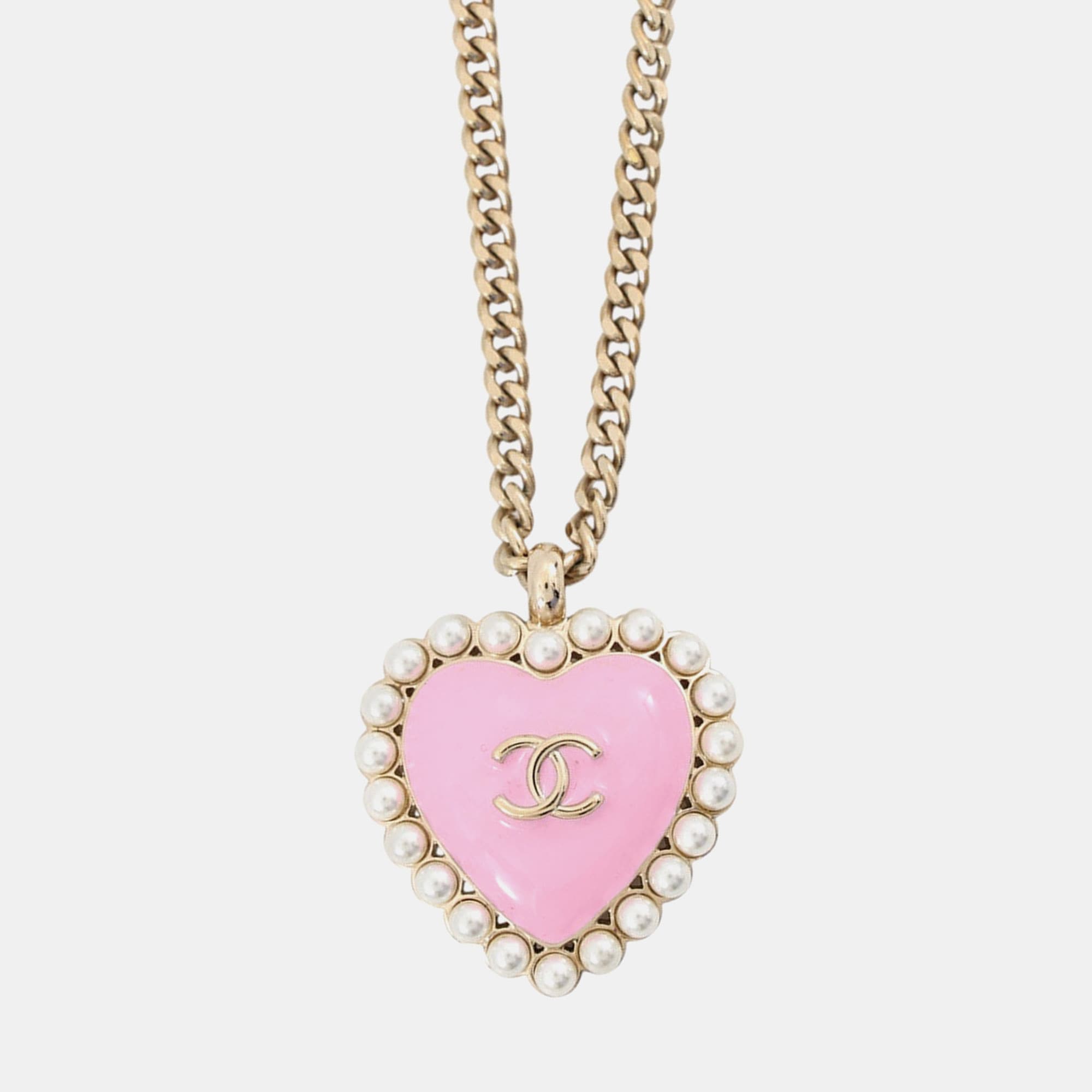 Chanel Heart Necklace Pink Metal Costume Pearl Resin