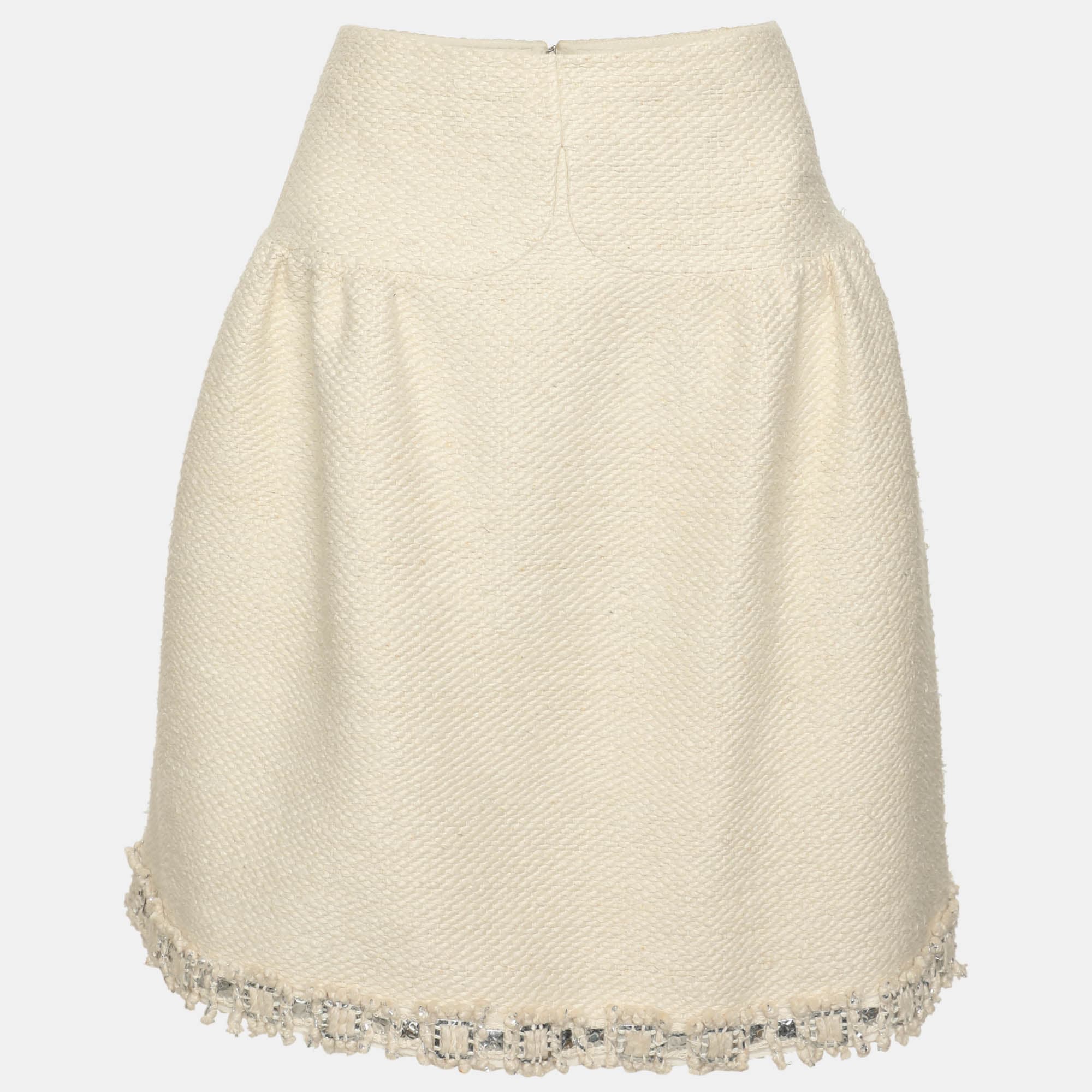 Chanel Cream Woven Silk Midi Skirt M