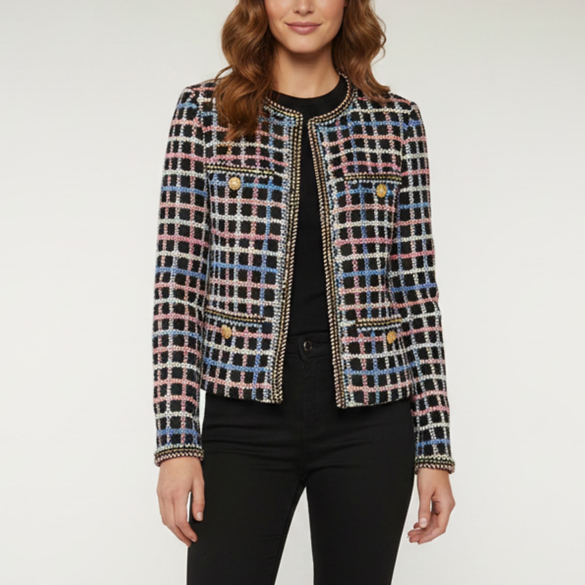 Chanel Black Checkered Multicolour Tweed Long Sleeve Jacket M