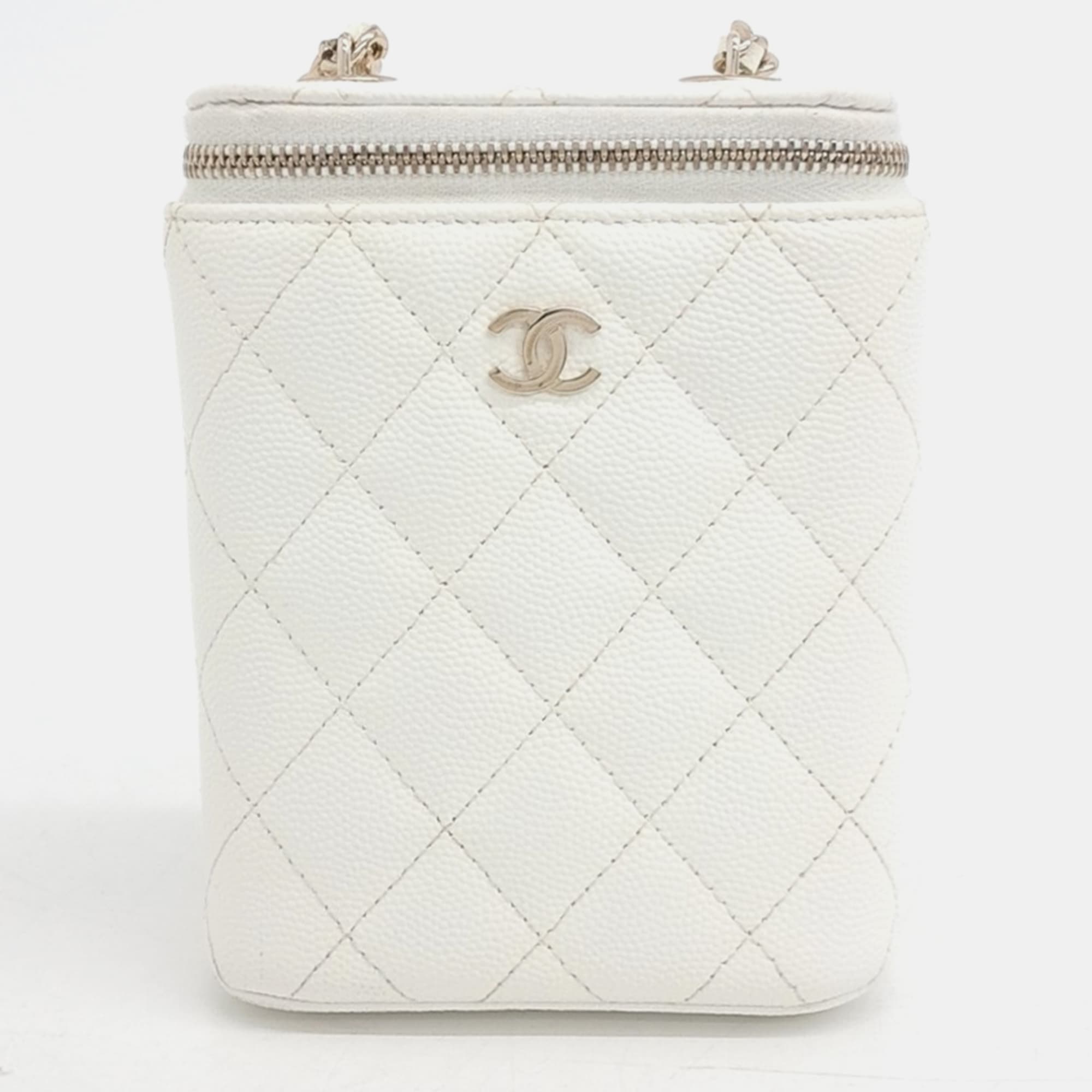 Chanel Small Vertical Classic Vanity Case White Quilted Caviar Grained Calfskin Leather Crossbody Bag
