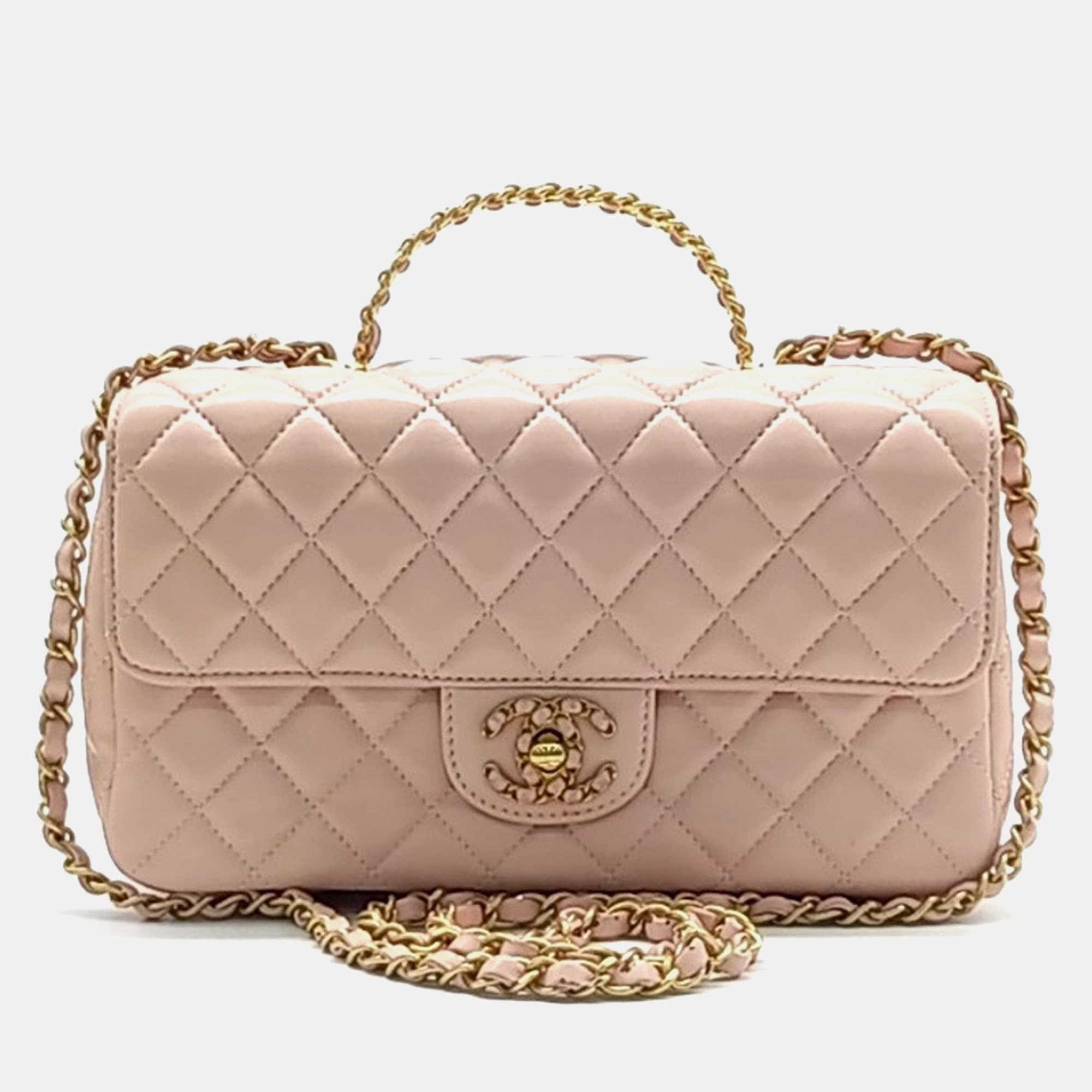 Chanel Small Top Handle Flap Pink Lambskin Leather Shoulder Bag