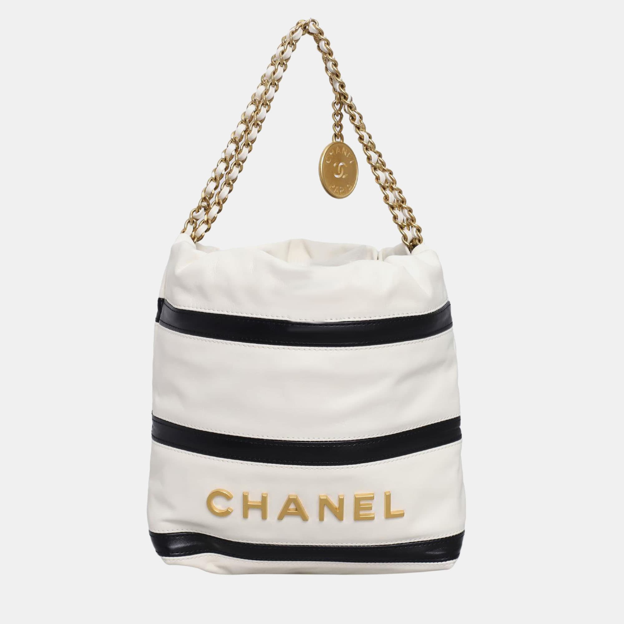 Chanel Mini 22 Black White Lambskin Leather Shoulder Bag