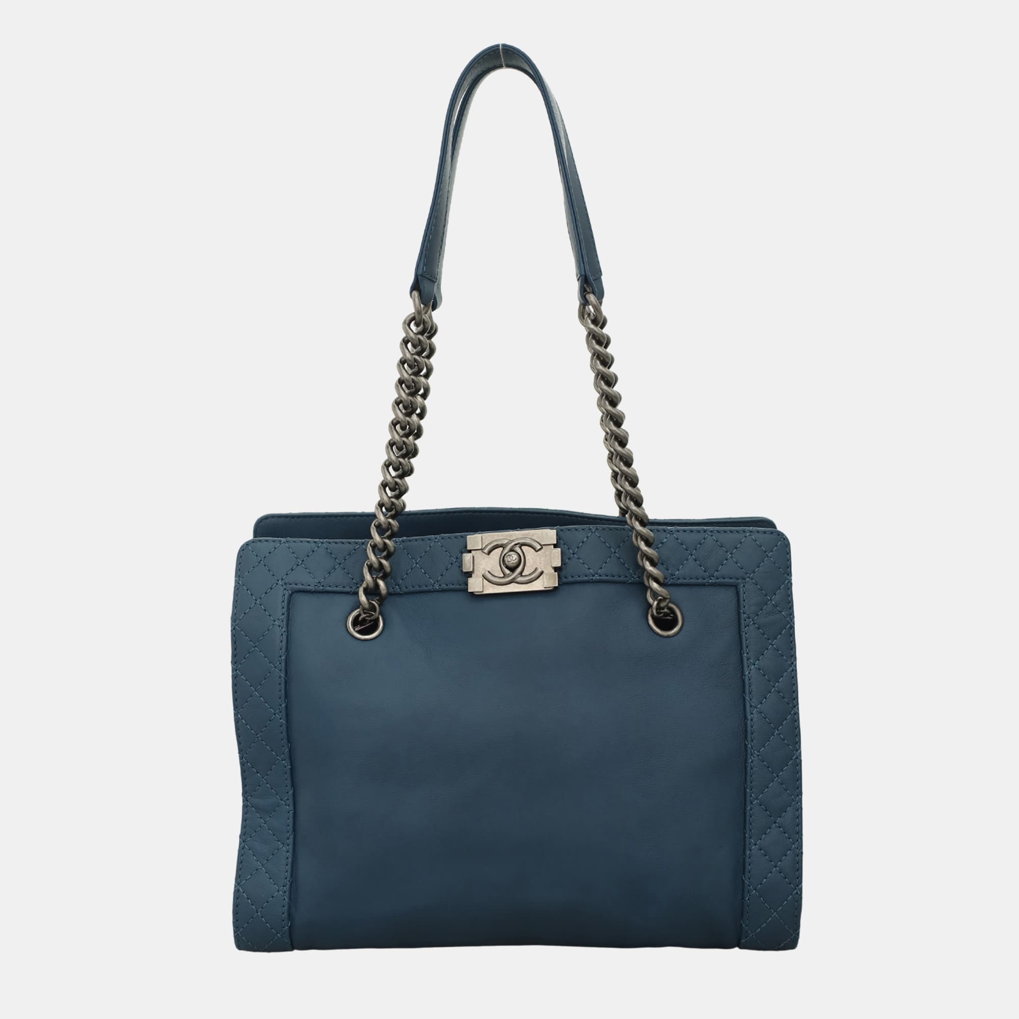 Chanel Boy Reverso Blue Leather Tote Bag