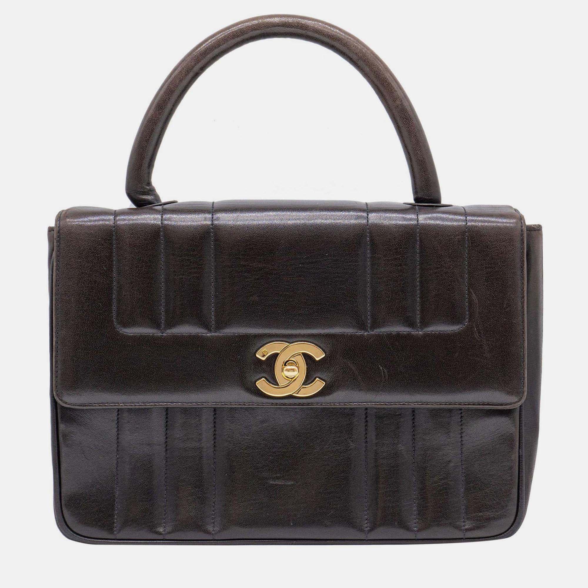 Chanel Vintage Vertical Tote Dark Brown Lambskin Leather Top Handle Bag