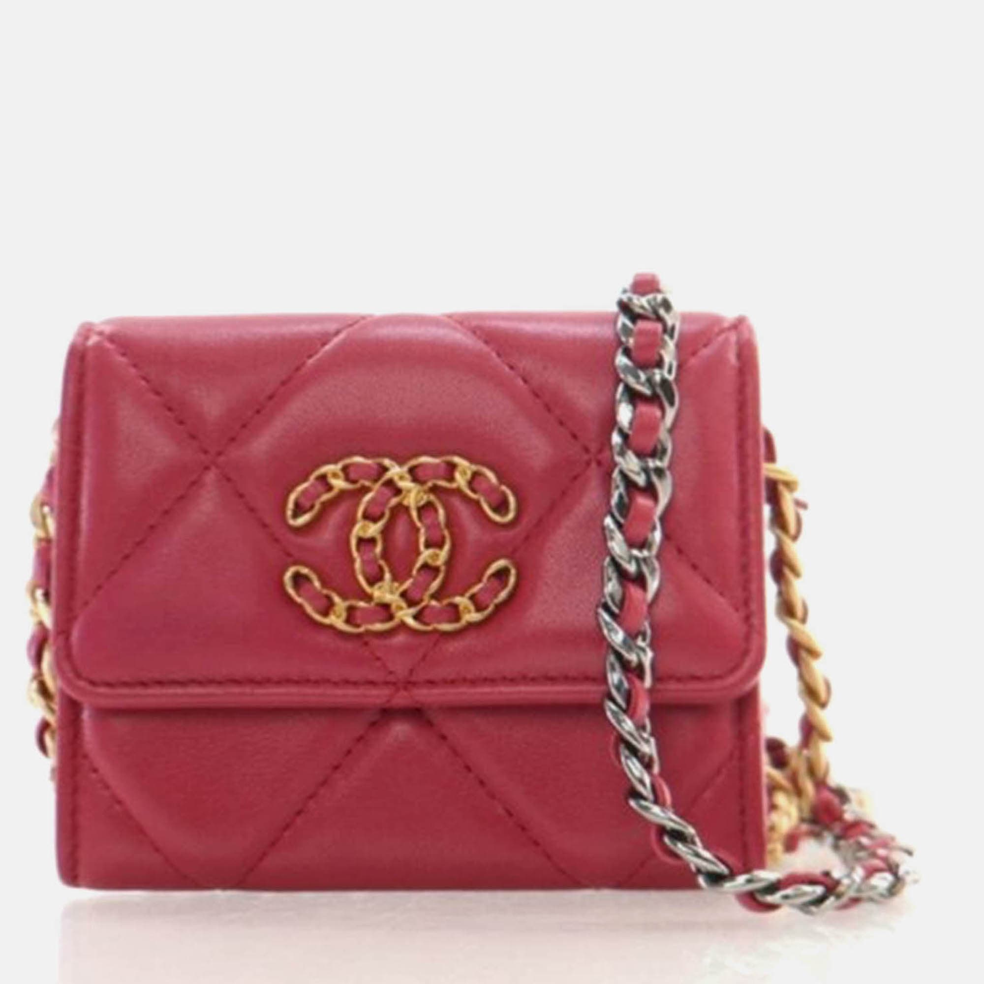 Chanel Red Lambskin 19 Cardholder on Chain