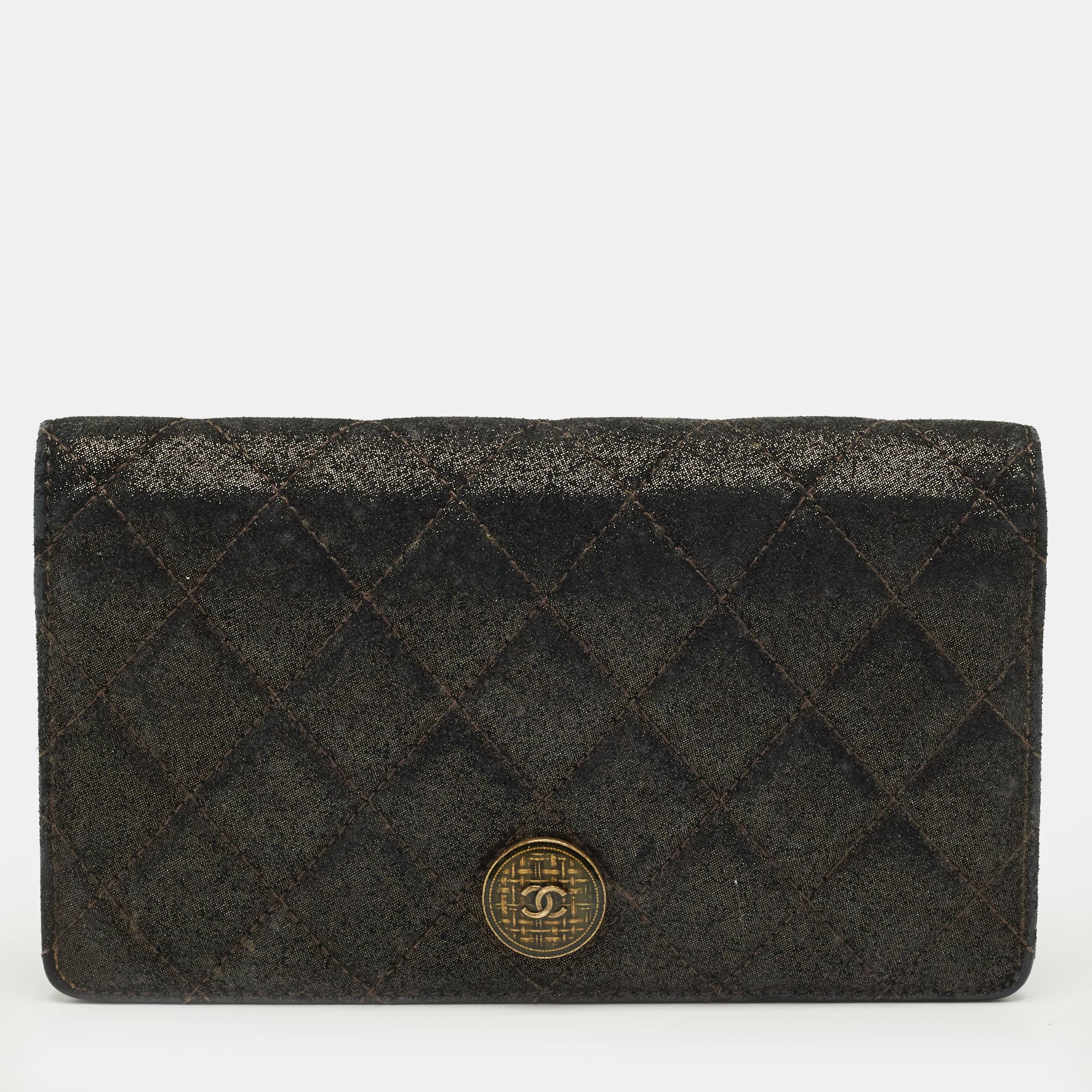 Chanel Black/Gold Quilted Suede Paris Edinburgh Long Wallet