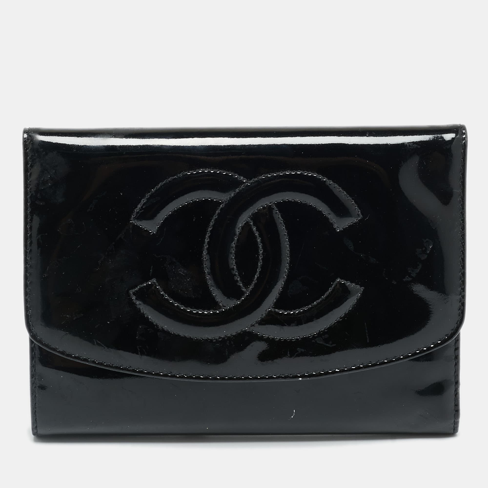 Chanel CC Timeless Black Patent Leather Trifold Wallet