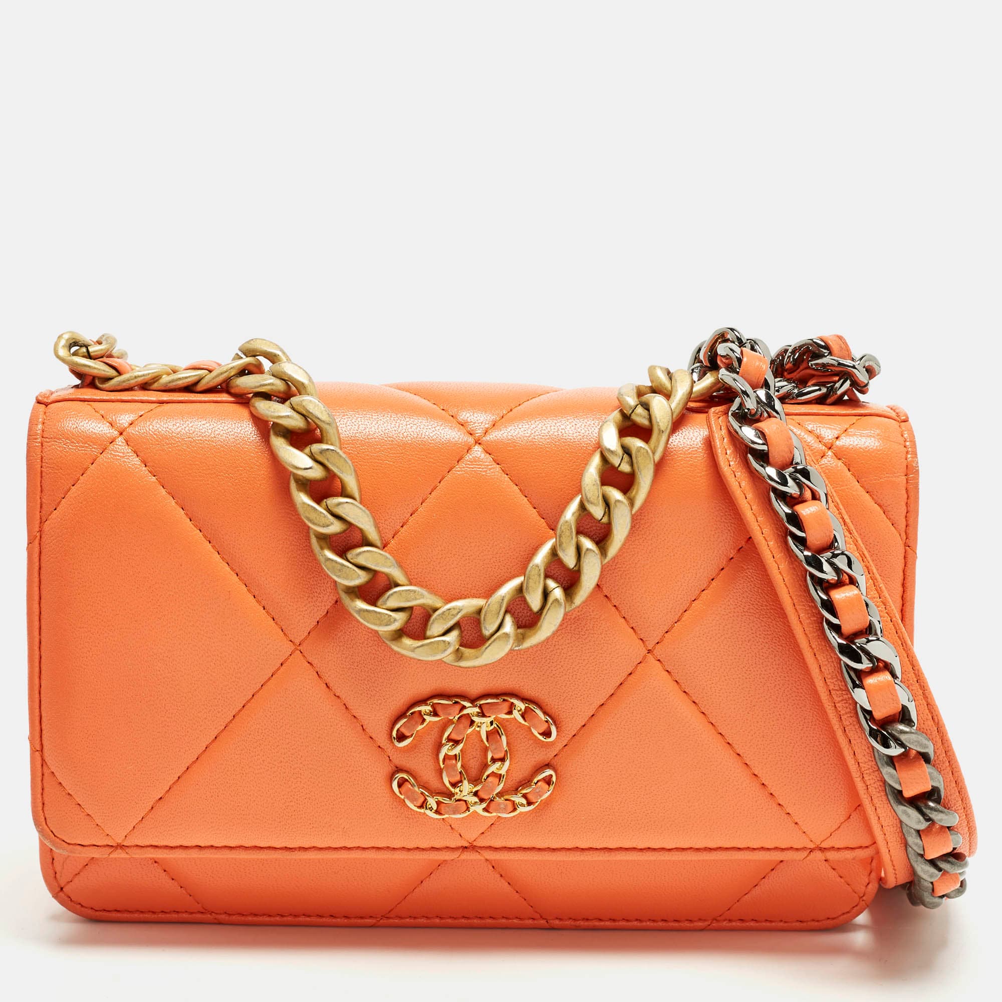 Chanel 19 Orange Quilted Leather Wallet On Chain