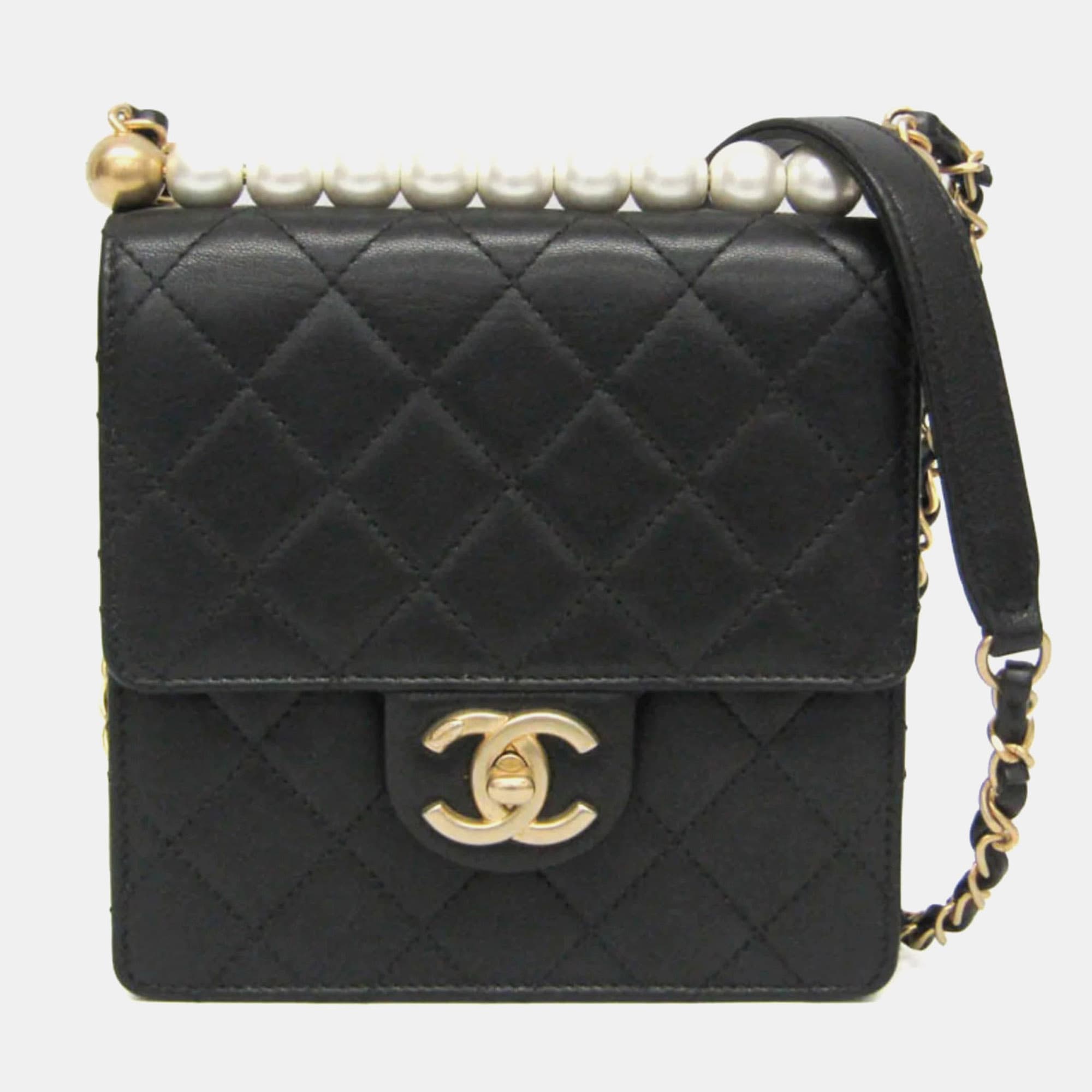 Chanel Matelasse Black Leather & Artificial Pearl Chain Shoulder Bag