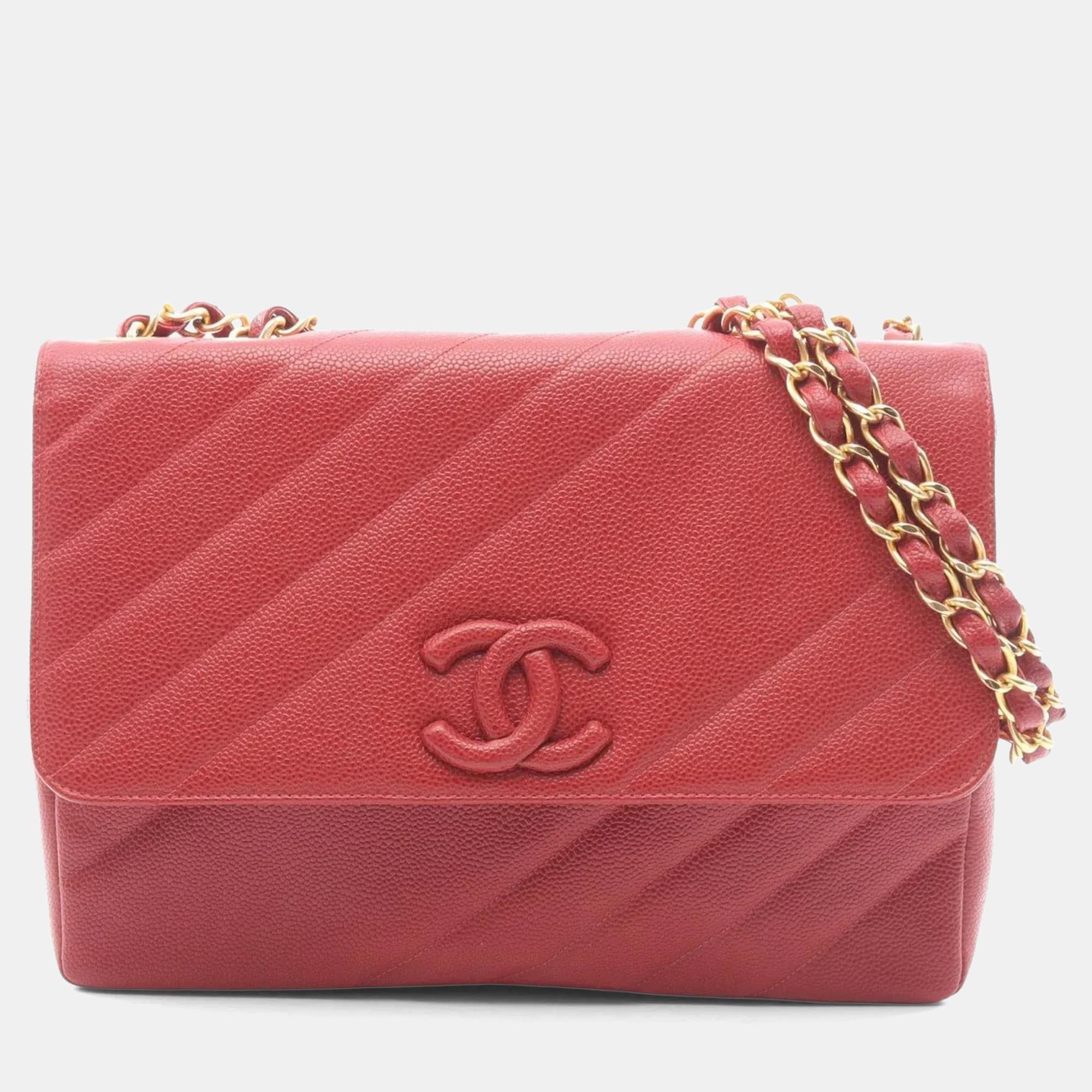 Chanel Bias-Stitch Red Grained Calfskin Leather Shoulder Bag