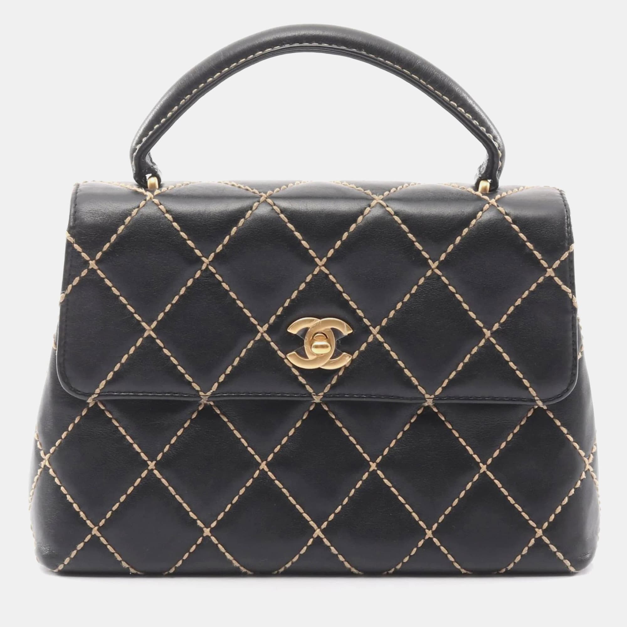 Chanel Wild Stitch Black Calfskin Leather Top Handle Bag