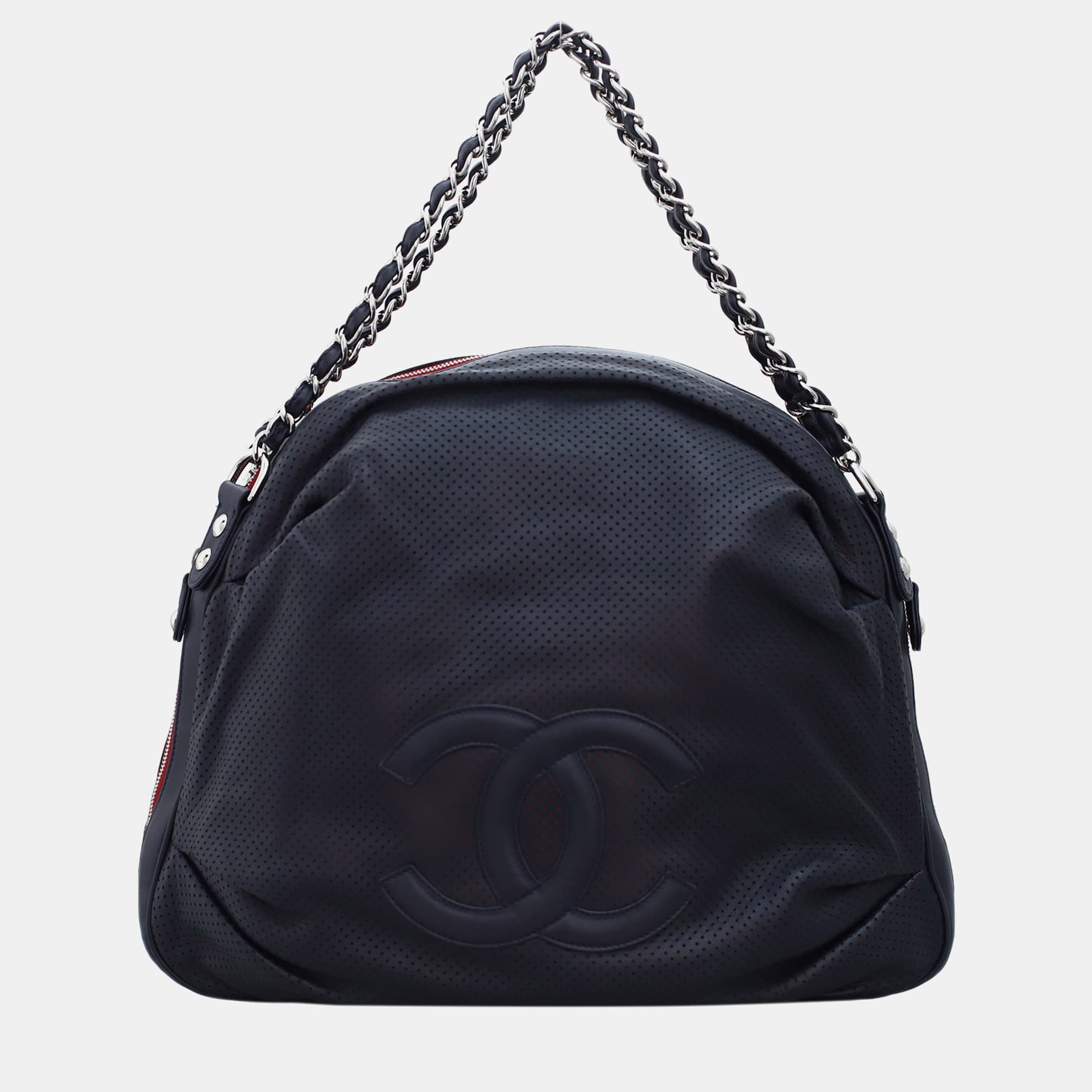 Chanel Baseball Spirit Ligne Medium Navy Blue Perforated Calfskin Leather Shoulder Bag