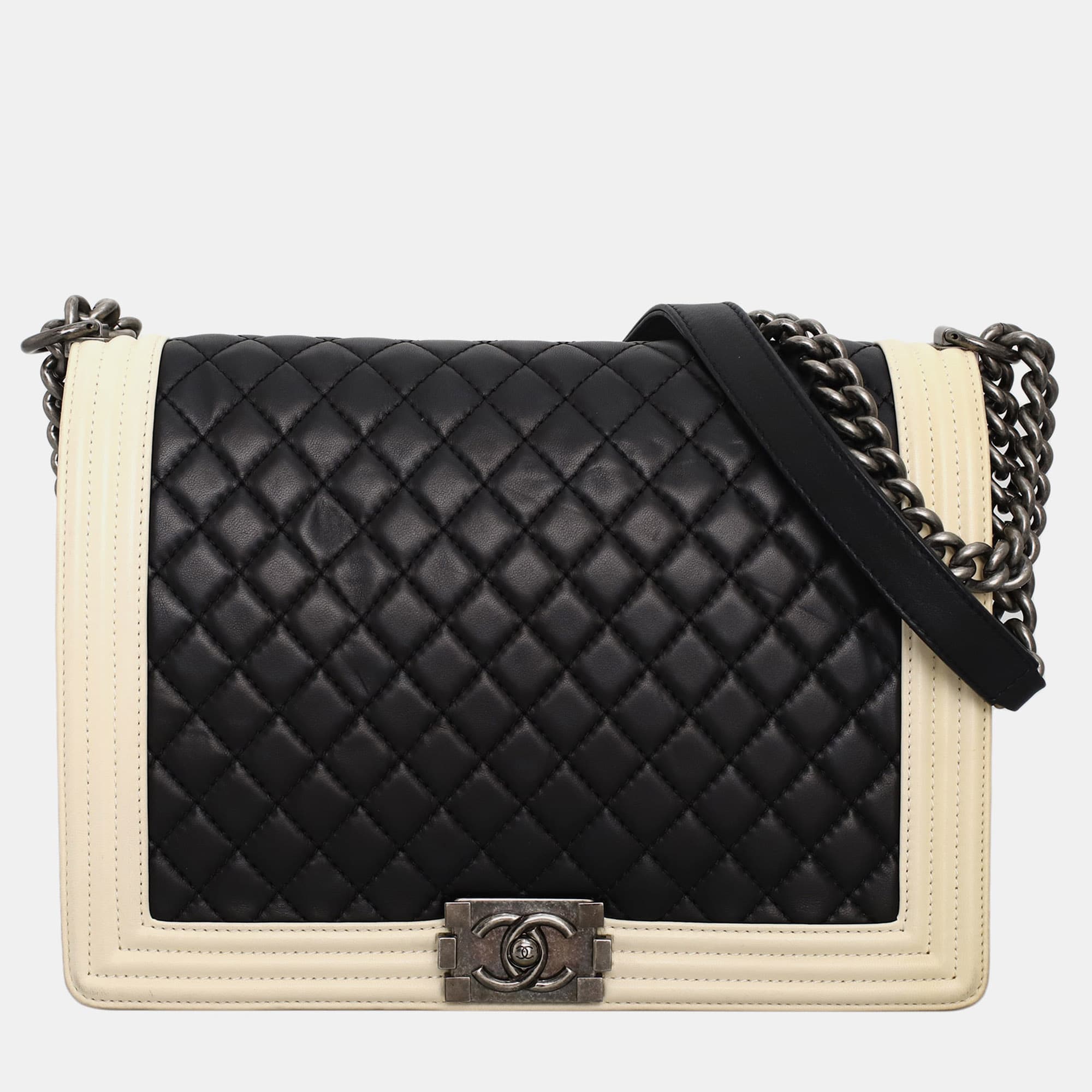 Chanel Boy Large Black Beige Lambskin Leather Shoulder Bag
