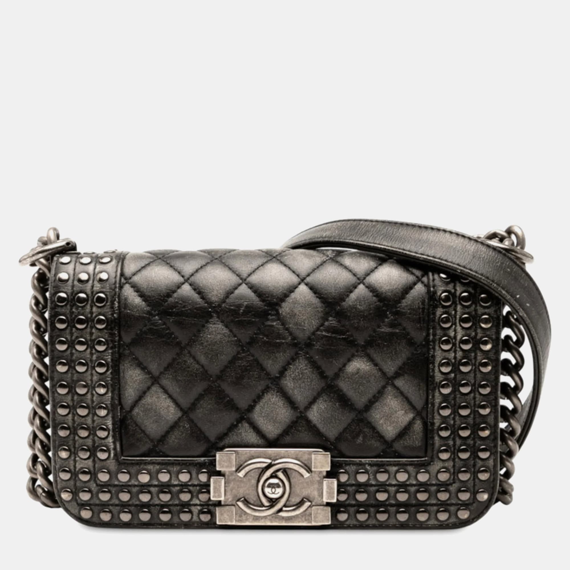 Chanel Boy Coco Mini Black Lambskin Leather Shoulder Bag