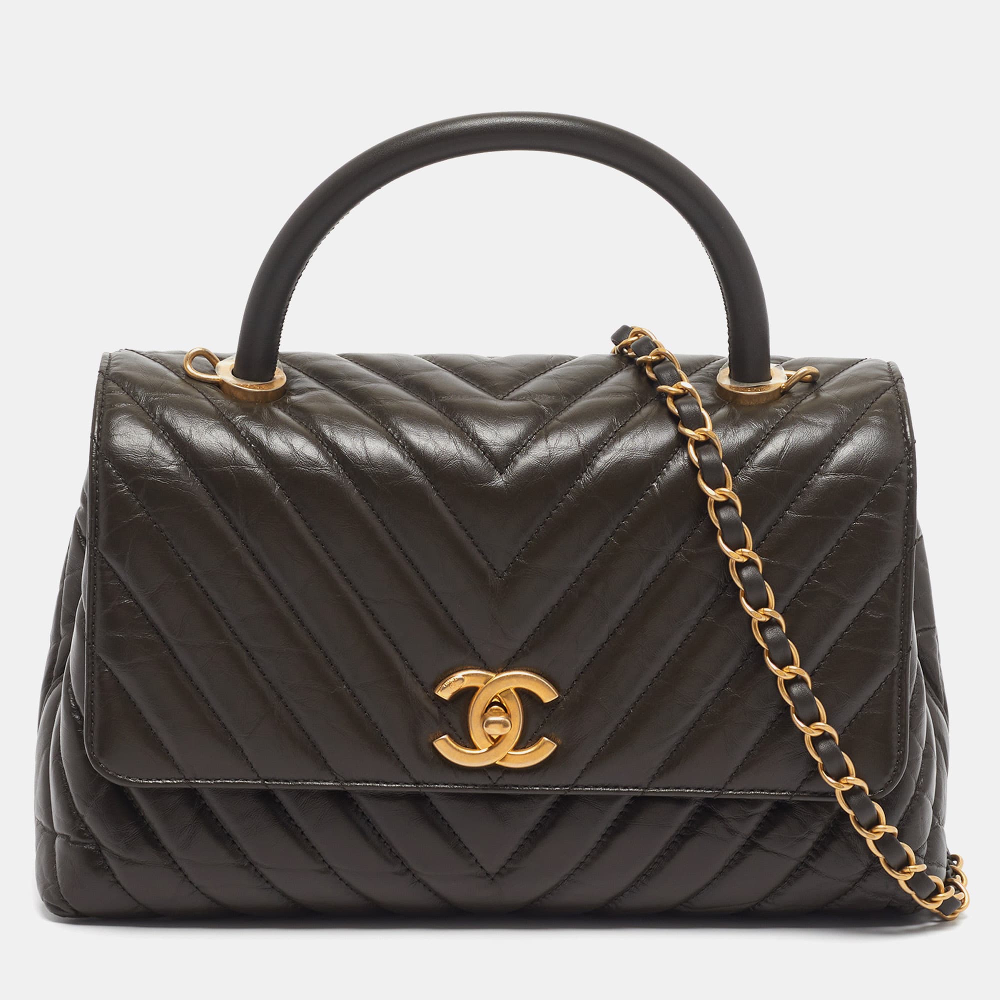 Chanel Coco Small Olive Green Chevron Aged Leather Top Handle Bag