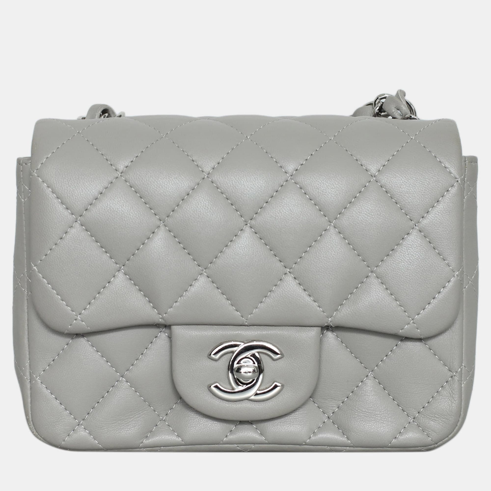 Chanel Mini Square Flap Grey Lambskin Leather Shoulder Bag