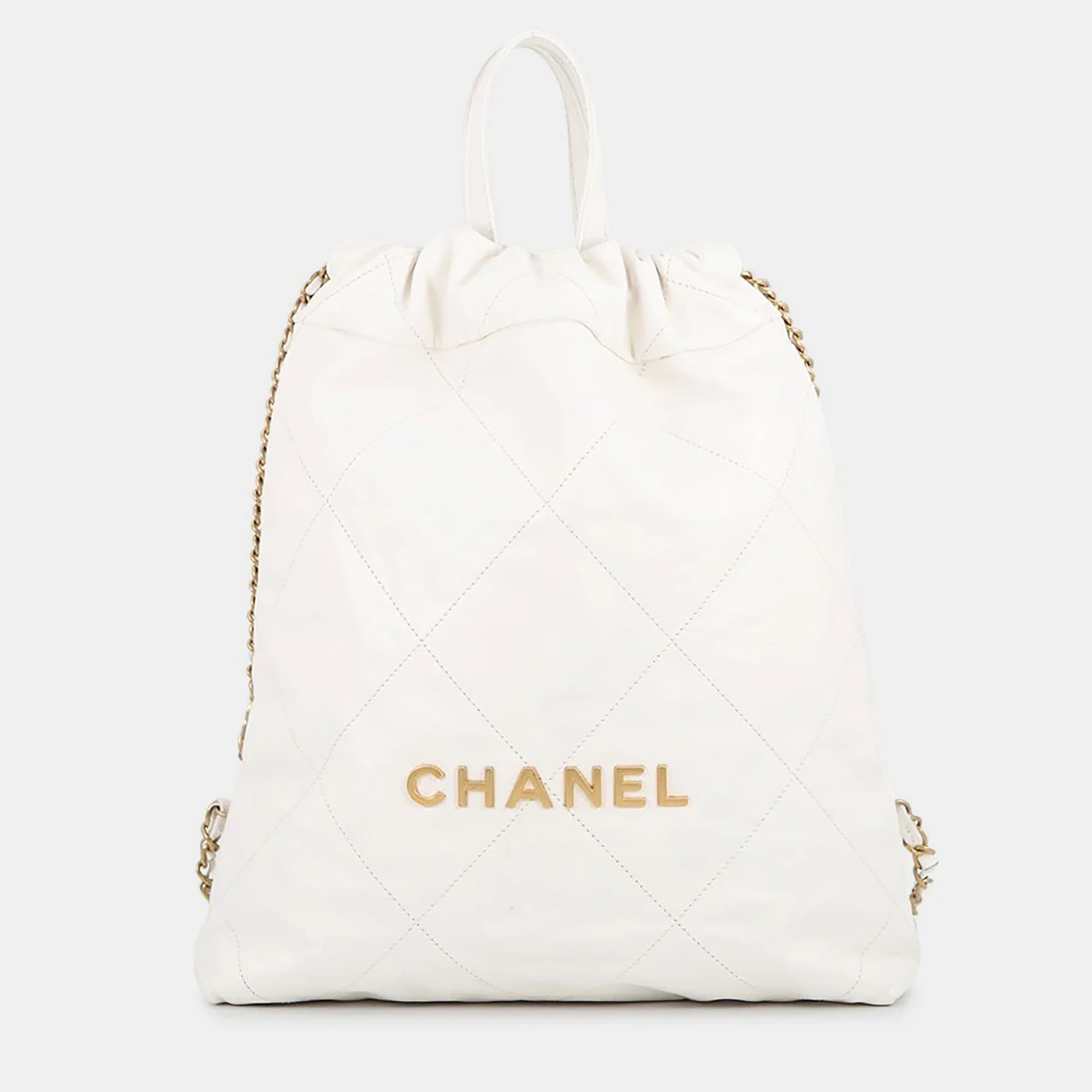 Chanel Chanel 22 Small White Shiny Calfskin Leather Backpack Bag