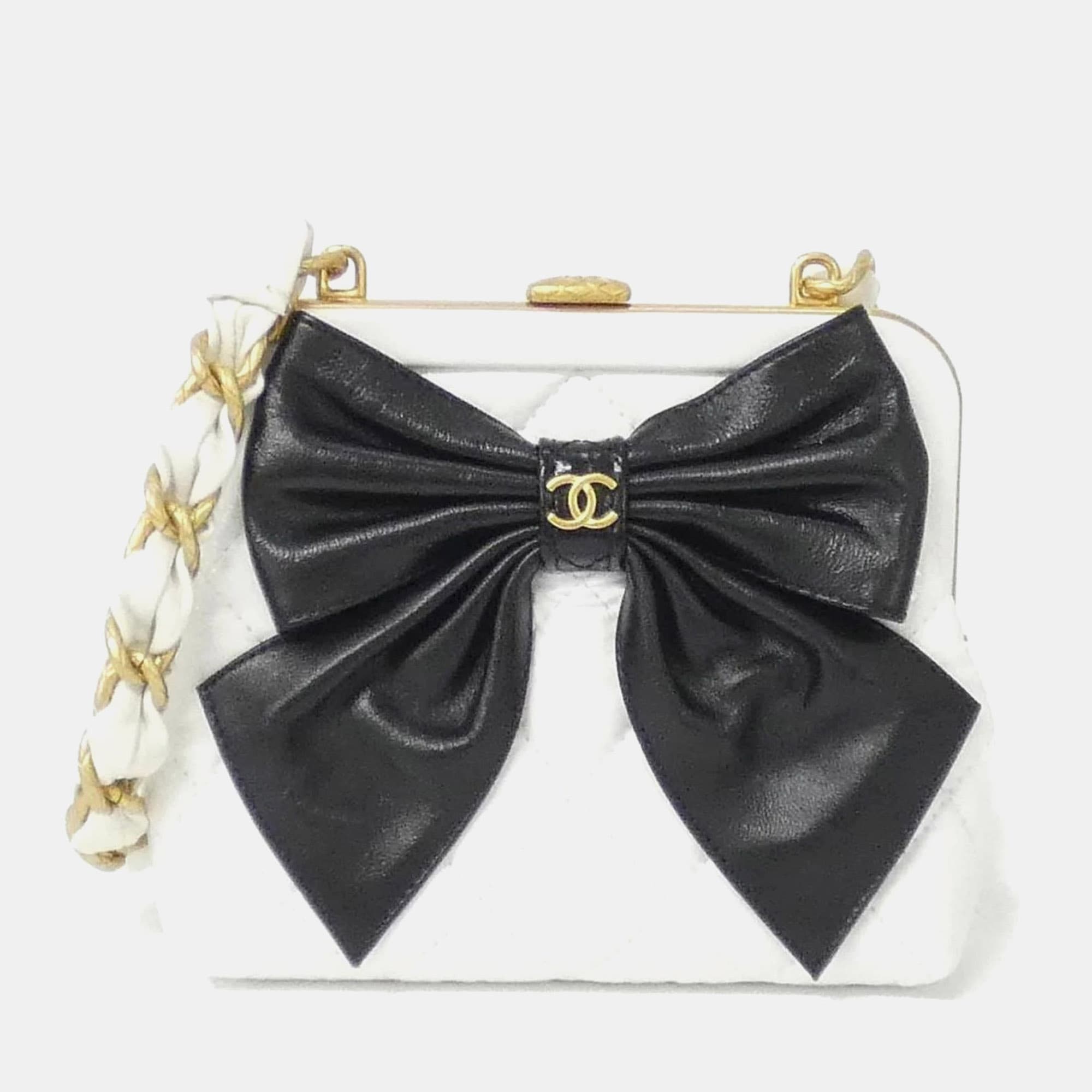 Chanel Bow Frame Mini White Black Lambskin Leather Clutch Bag