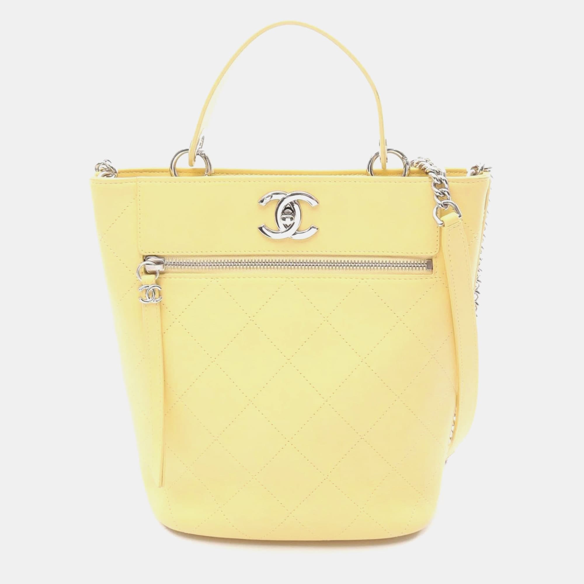 Chanel CC Stitched Calfskin Small Yellow Leather Top Handle Bag