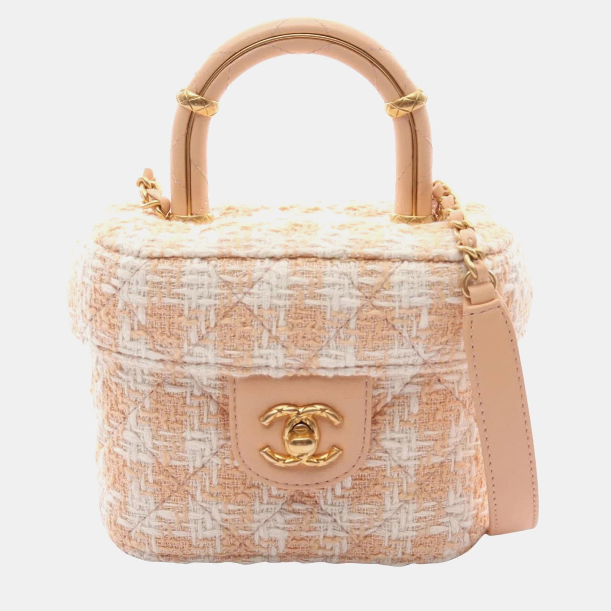 Chanel Small Handle Crush Beige White Tweed Lambskin Leather Top Handle Bag