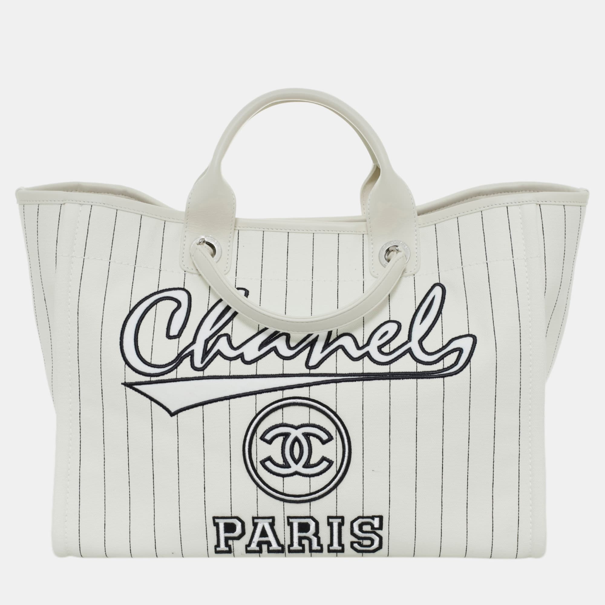 Chanel Deauville Medium White Canvas Leather Stripes Tote Bag