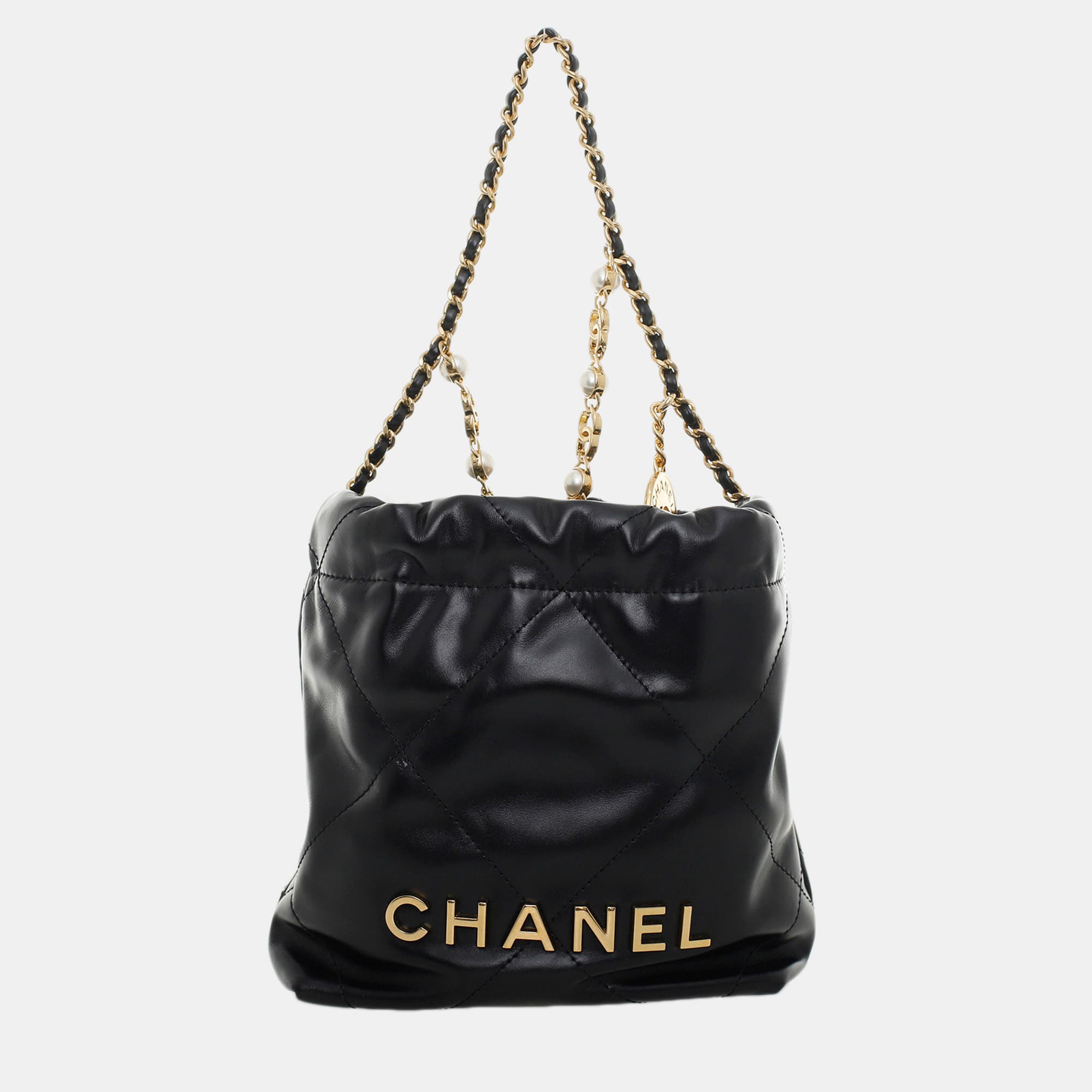 Chanel Mini 22 Black Quilted Shiny Calfskin Leather Drawstring Bag